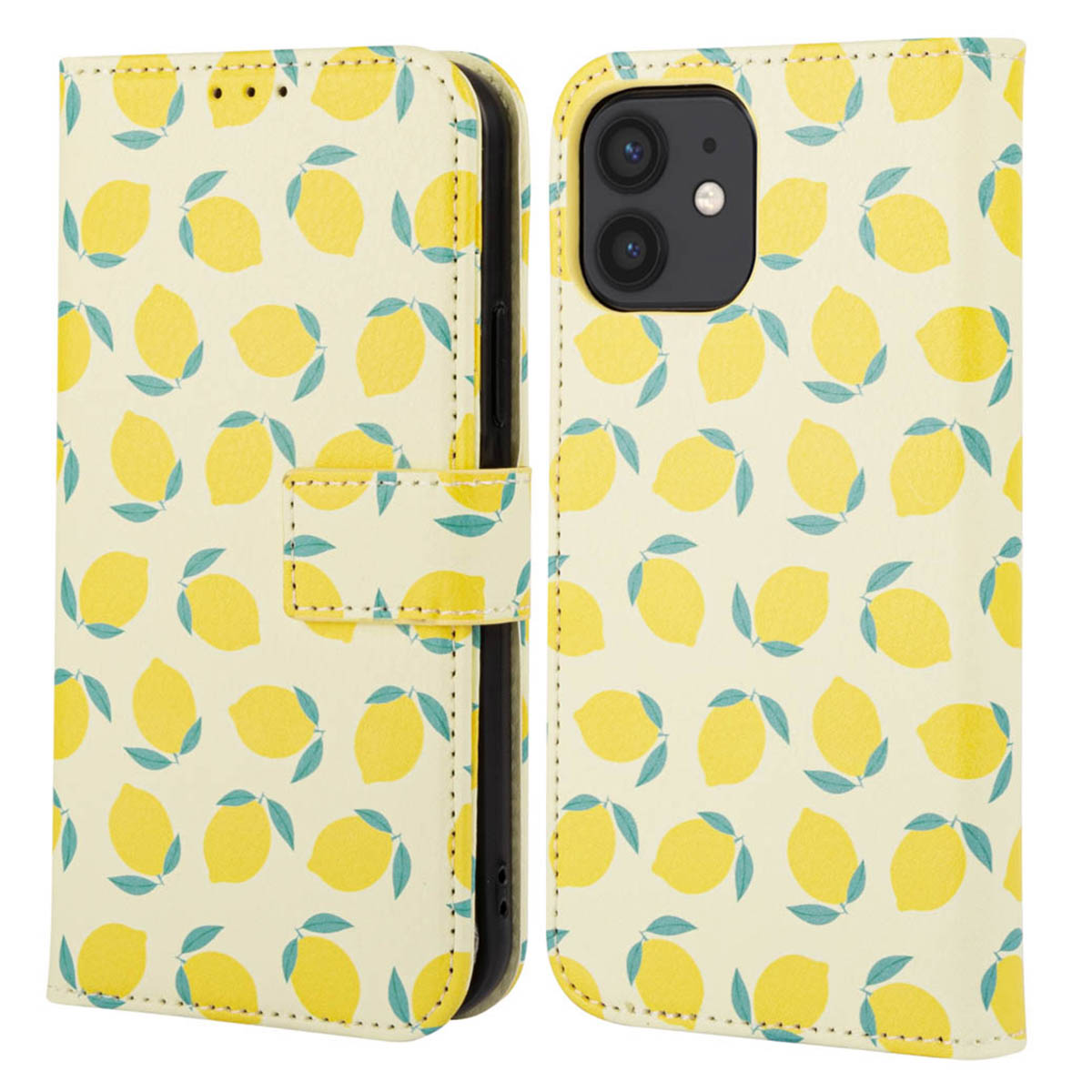 Een telefoonhoesje met een citroenpatroon en een telefoon erin. De hoes is open en toont het scherm.
