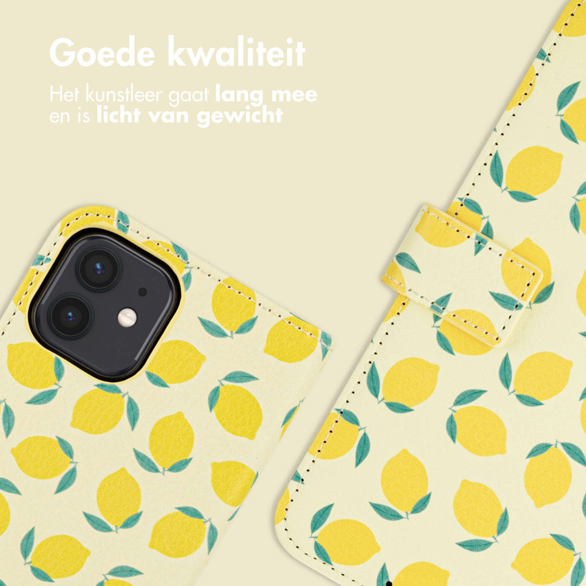 Gele telefoonhoes met citroenpatroon, open en dicht, op een beige achtergrond.
