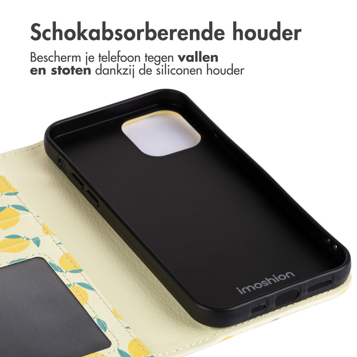 Zwarte telefoonhoes open, met een geel en wit bloemenpatroon. De hoes heeft een zwart interieur.