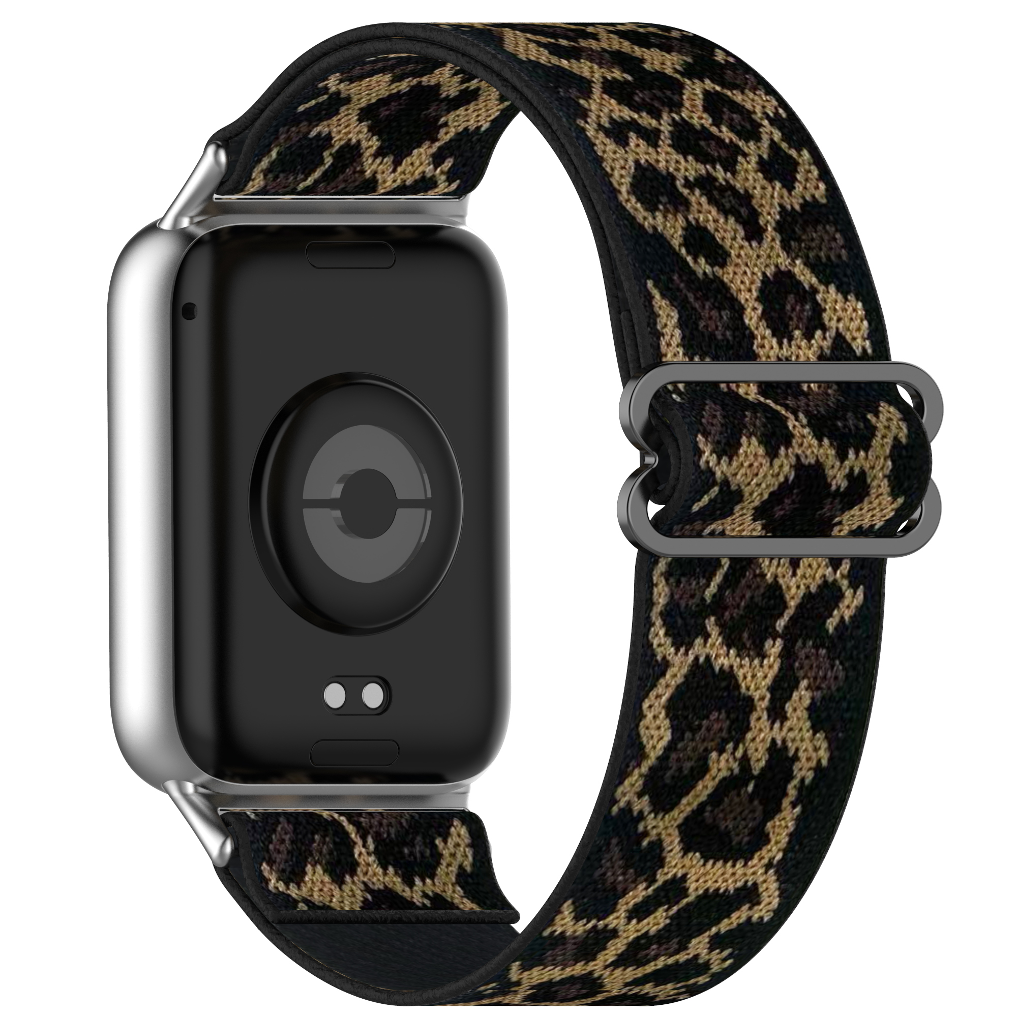 Ein Armband mit Leopardenmuster wird gezeigt. Das Armband ist an der Uhr befestigt.