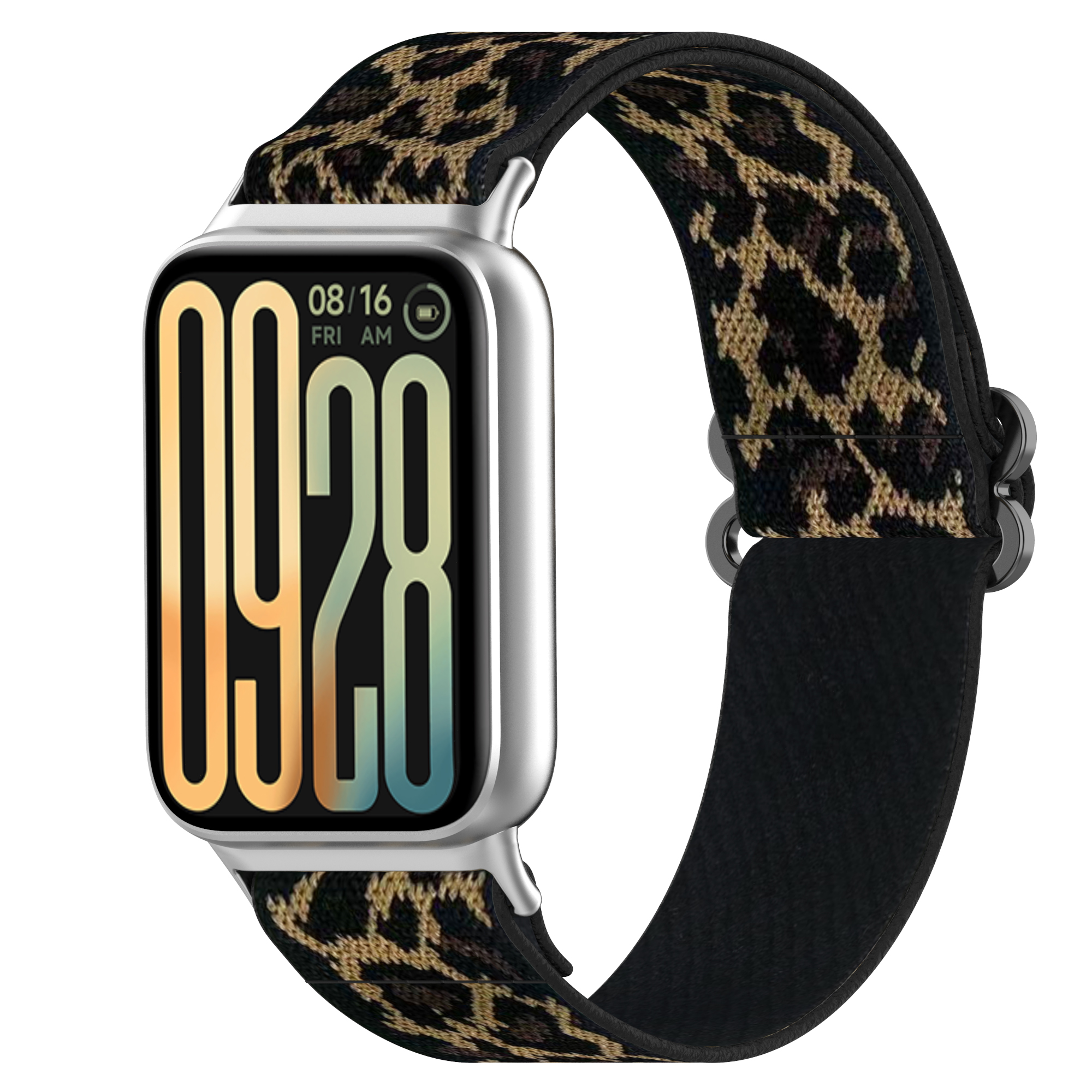 Smartwatch mit Leopardenmuster-Armband, zeigt Uhrzeit und Datum.