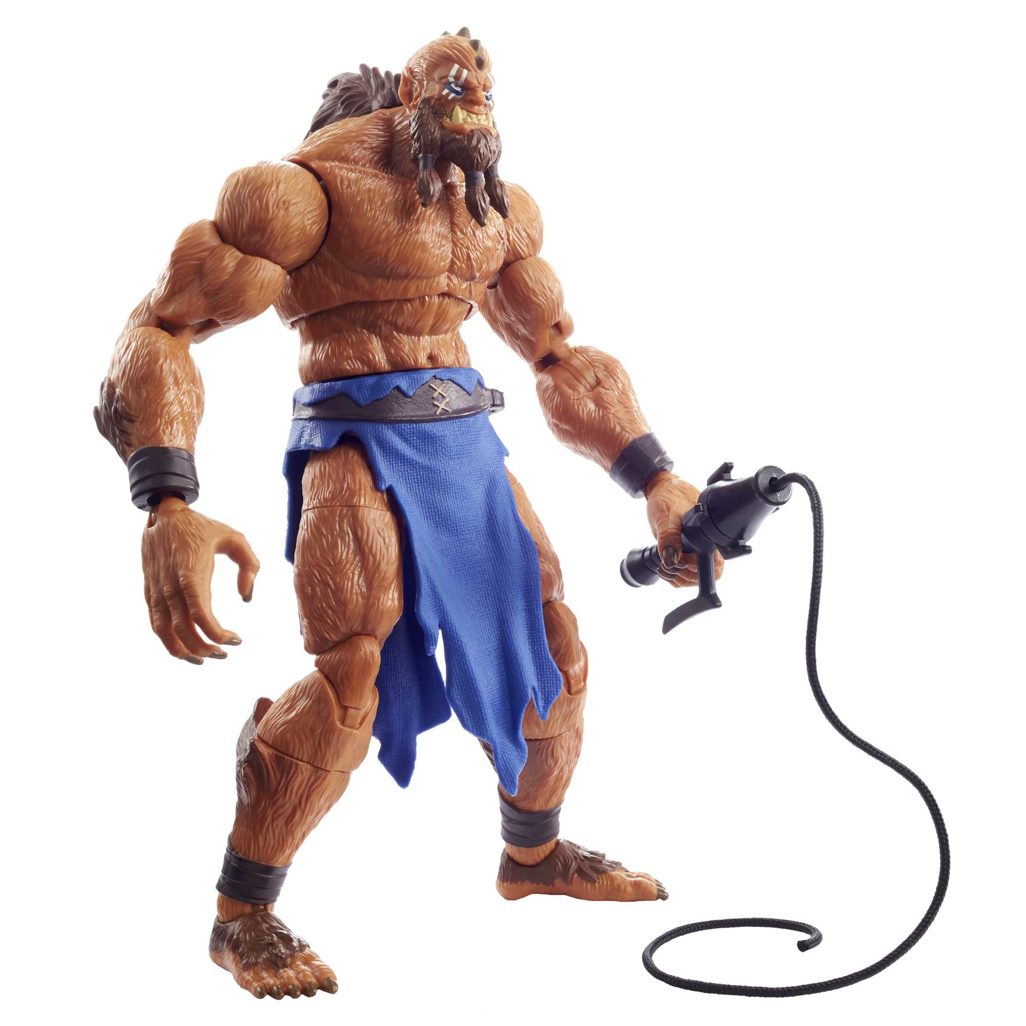 Braune Actionfigur mit blauem Lendenschurz, die eine schwarze Peitsche auf weißem Hintergrund hält.