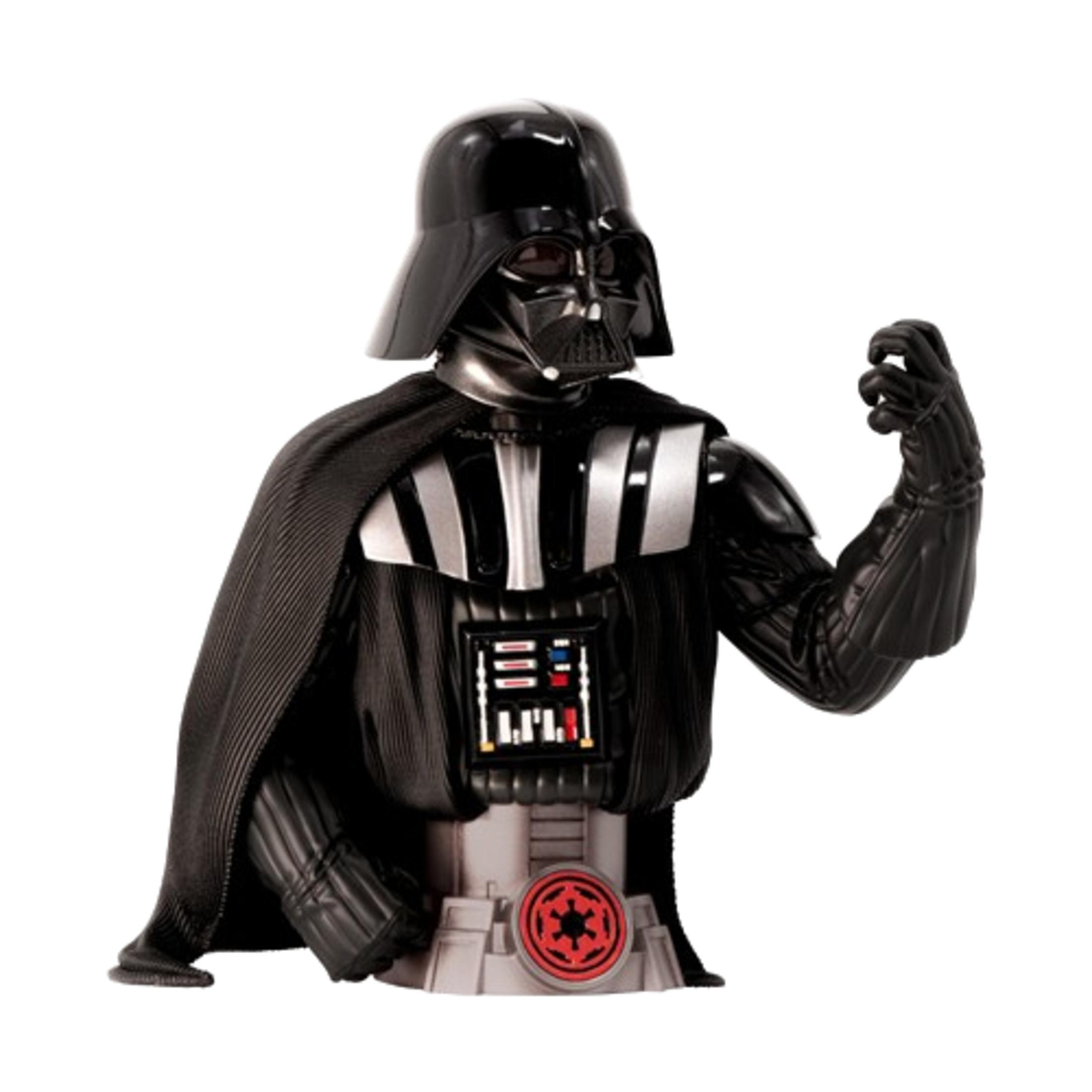 Darth Vader Büste, schwarzer Helm und Umhang. Silberdetails. Star Wars Logo auf der Brust.