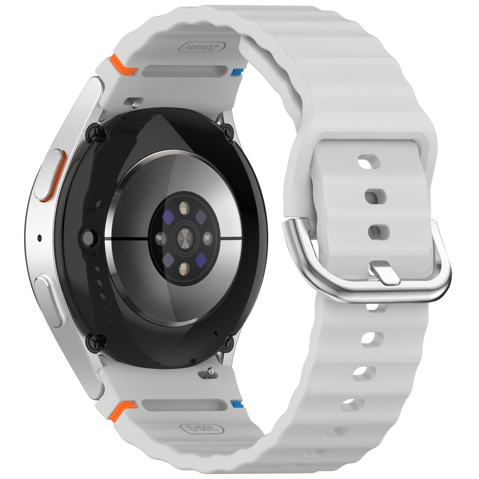 Eine weiße Uhr mit einem weißen Armband. Es zeigt die Rückseite der Uhr mit einer silbernen Schnalle.