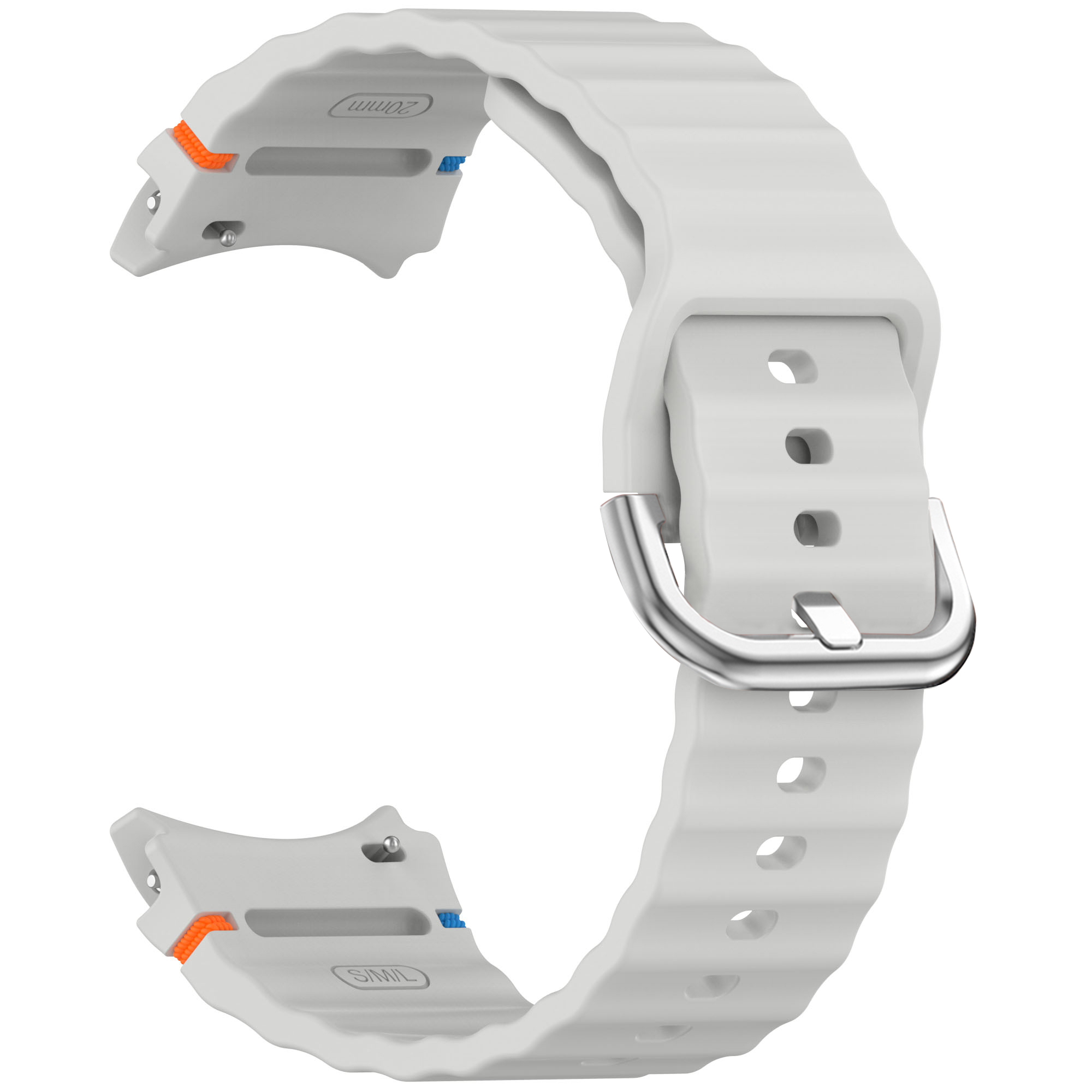 Ein weißes und silbernes Uhrenarmband, das Nahaufnahmen der Armbandgestaltung zeigt.