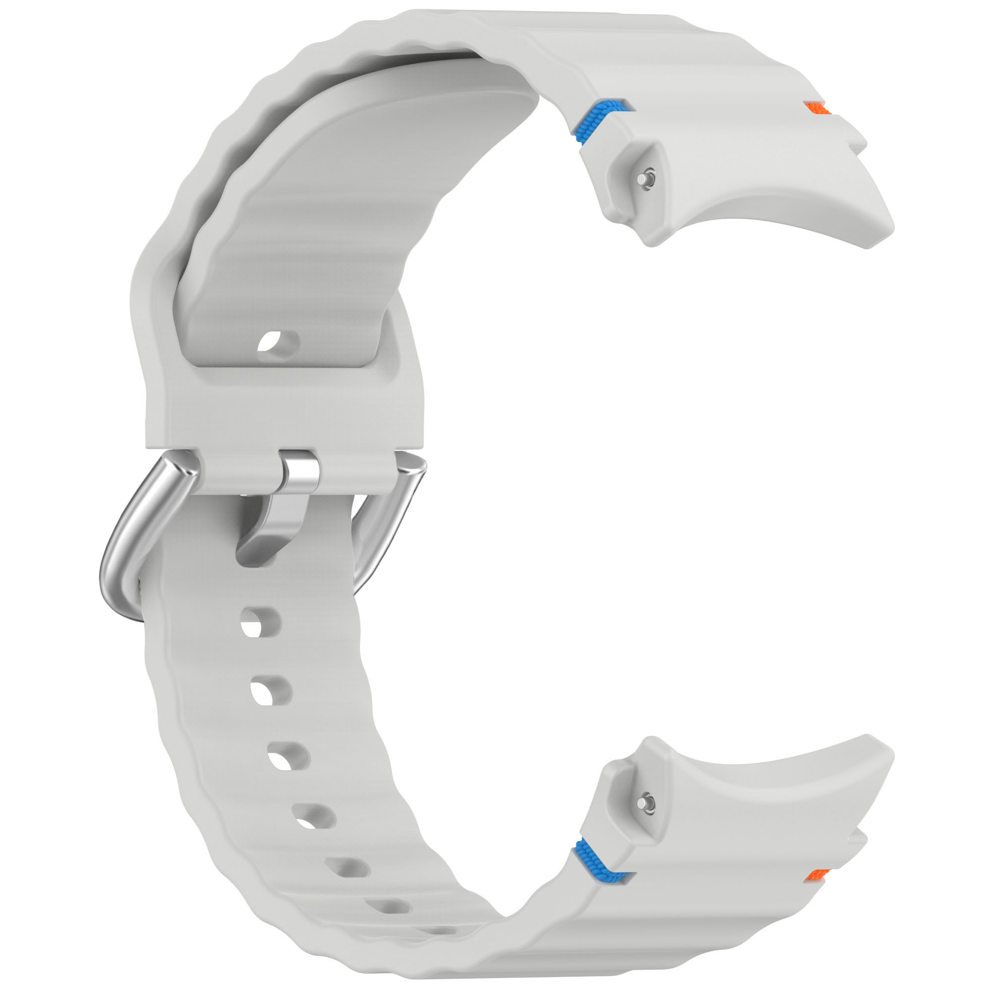 Ein weißes Uhrenarmband, gebogen mit Metallverschluss und blauen und orangen Akzenten.