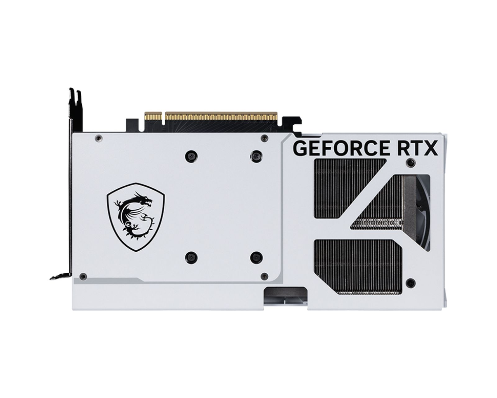 Biała karta graficzna z napisem 'GEFORCE RTX' i logo smoka. Ma czarne elementy.