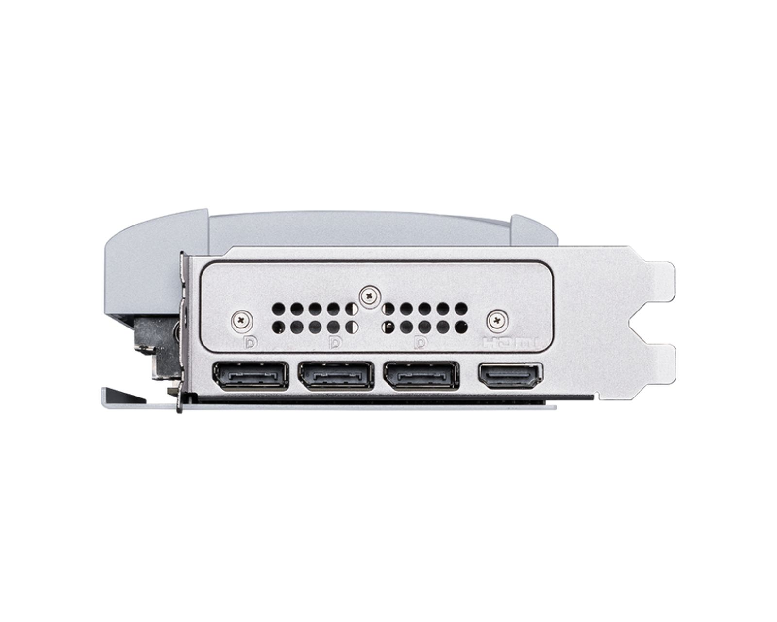 Widok z boku srebrnego elementu komputera z wieloma portami.