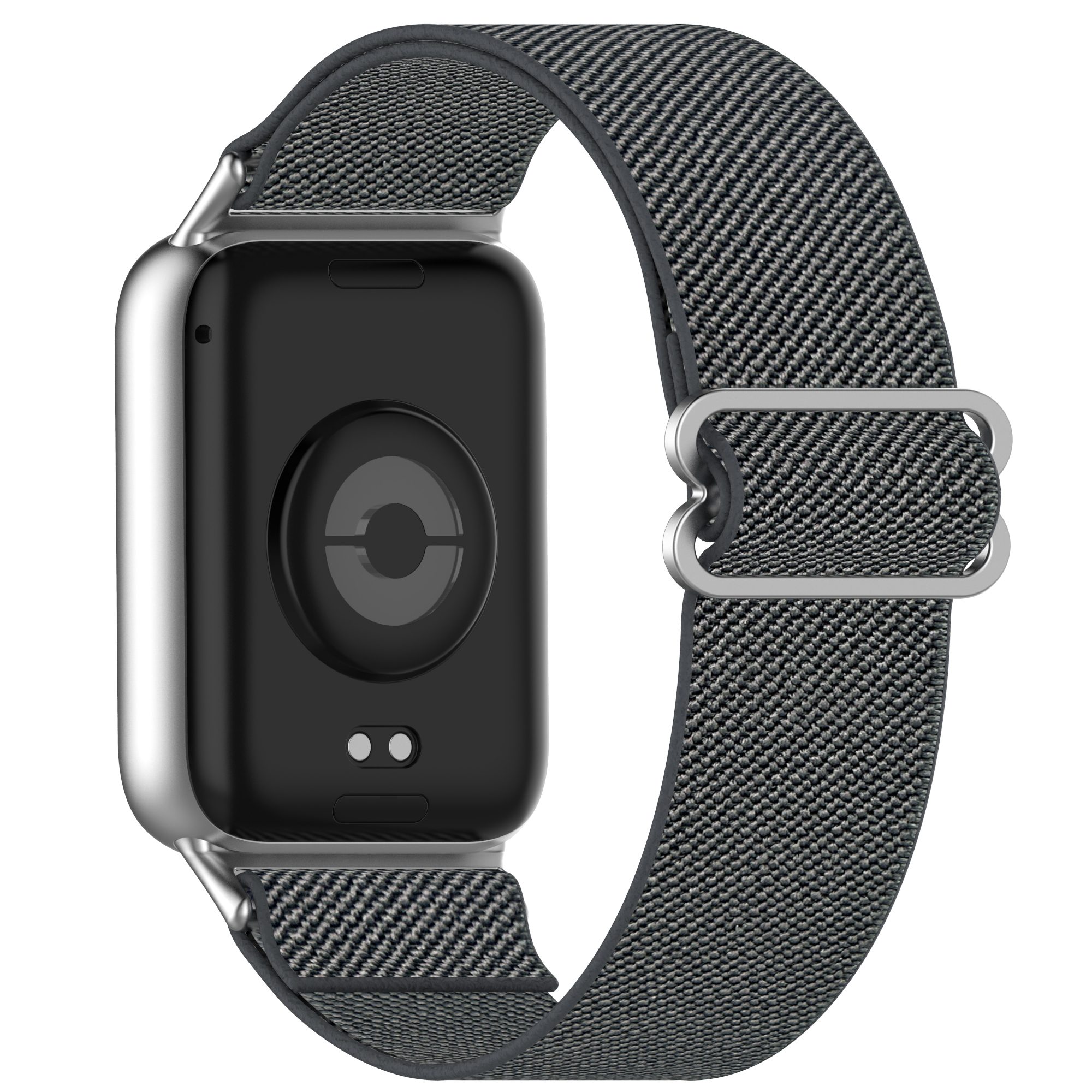 Uno smartwatch con quadrante nero e cinturino grigio. L'orologio è argento.