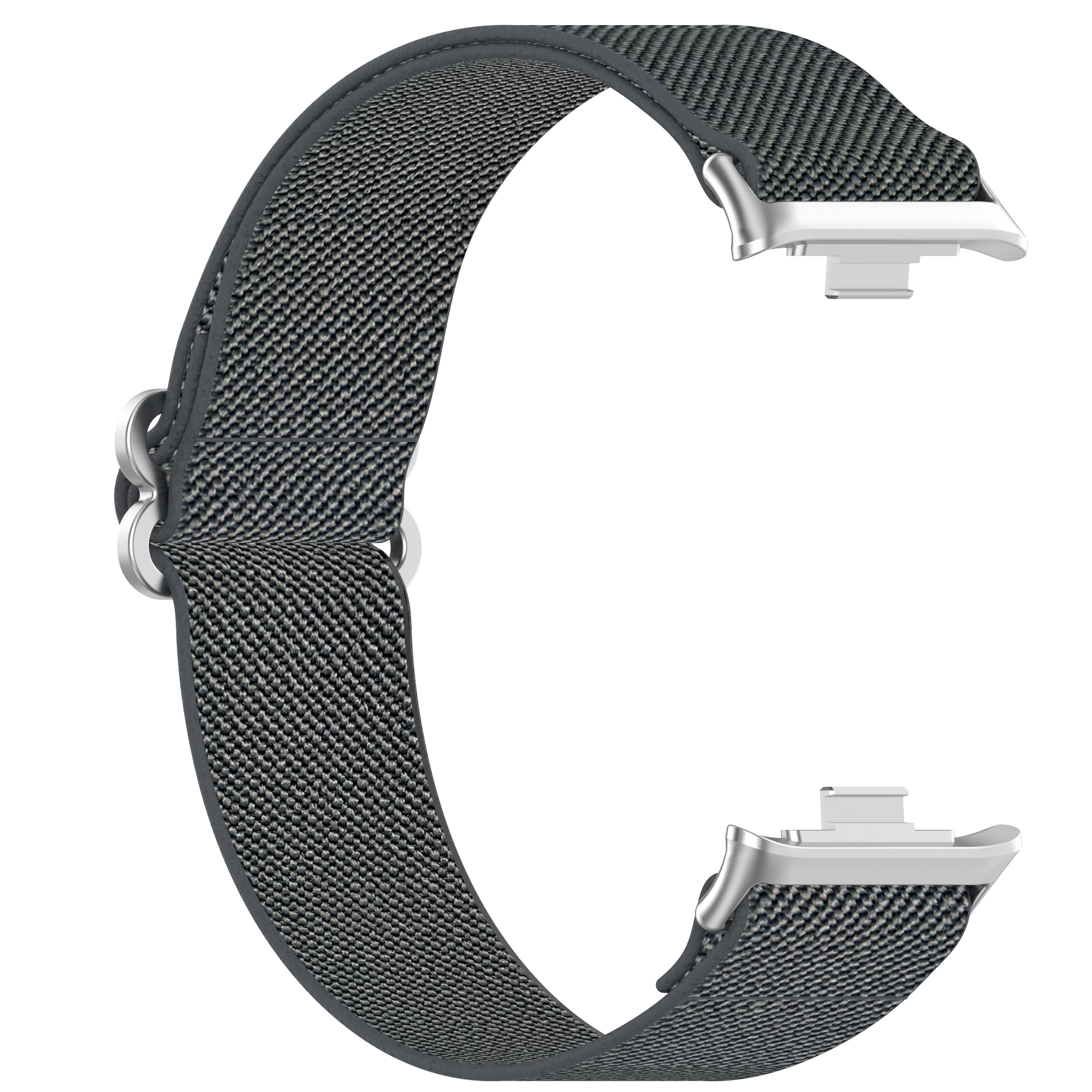Cinturino grigio con connettori argentati. Il cinturino ha una forma a C, che mostra il suo design e i connettori.