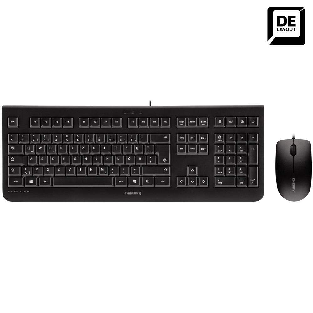 Schwarze Tastatur und Maus. Die Tastatur ist mit CHERRY beschriftet. Das Layout ist deutsch.