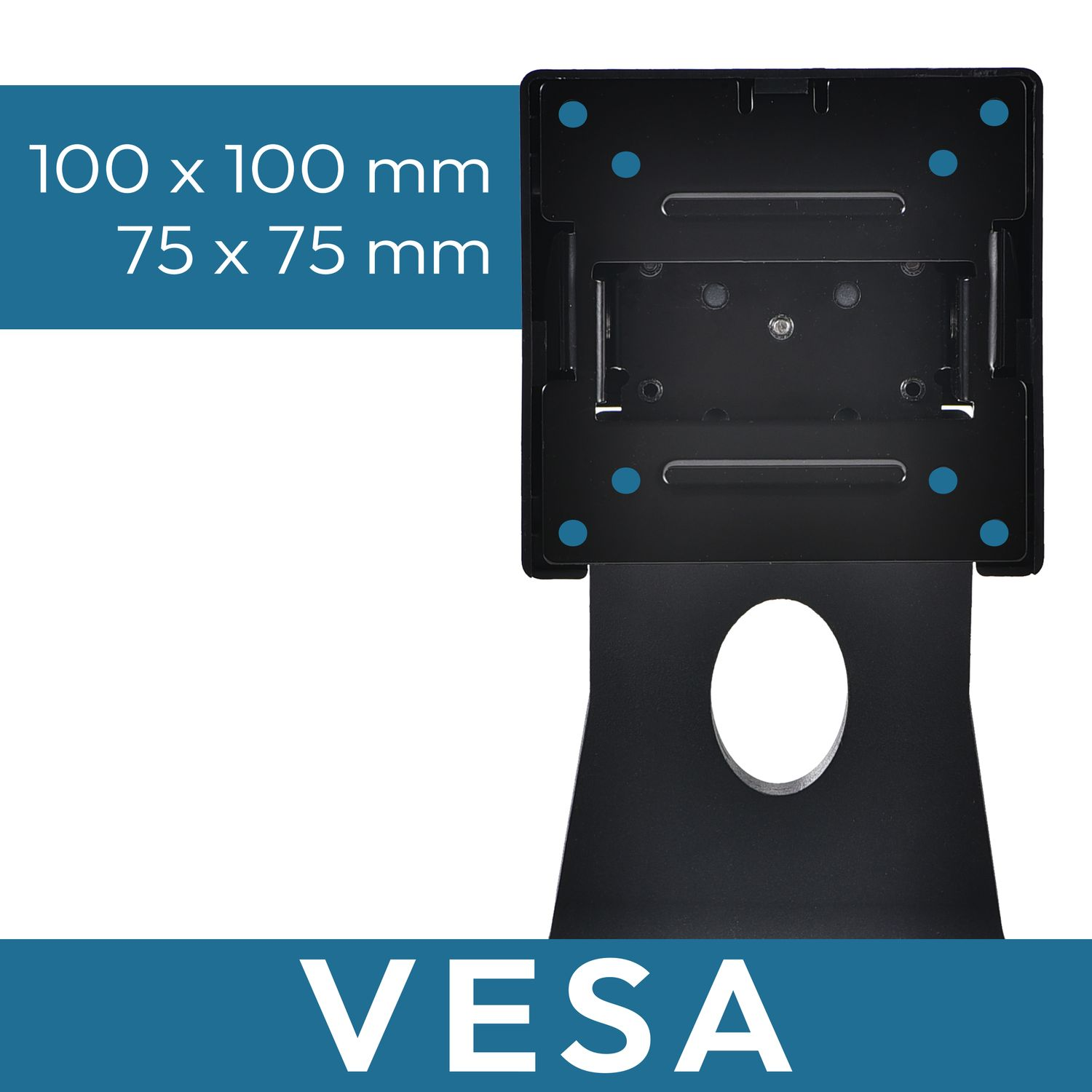 Eine schwarze VESA-Halterung mit Maßen und dem Wort VESA in Blau geschrieben.