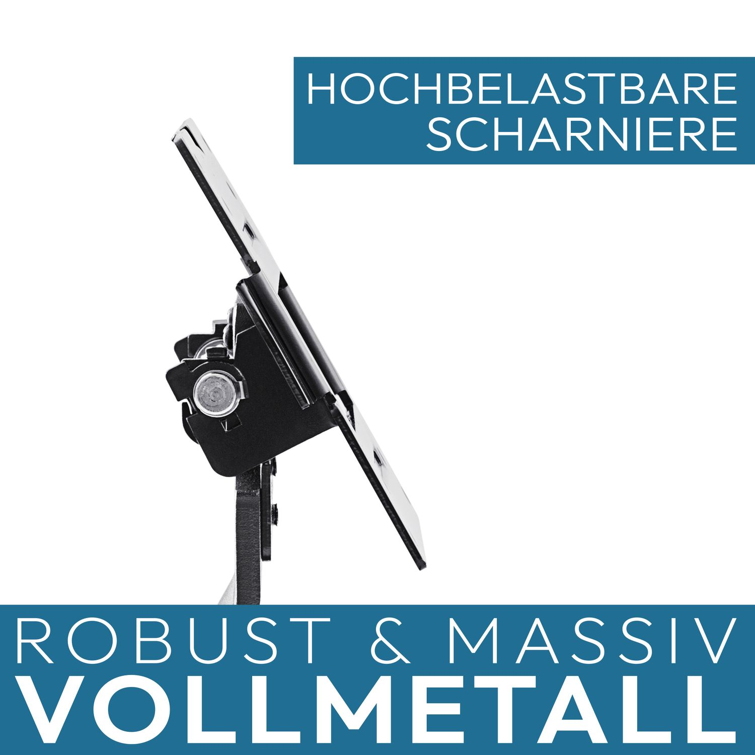 Eine Metallhalterung mit befestigtem Bildschirm, die das Scharnier und die robuste Konstruktion zeigt.