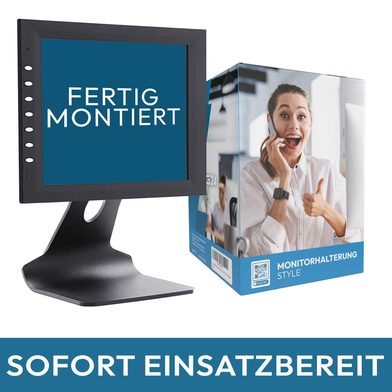 Ein schwarzer Monitor mit Text: Fertig montiert. Eine Box zeigt eine Frau mit Telefon, Daumen hoch.