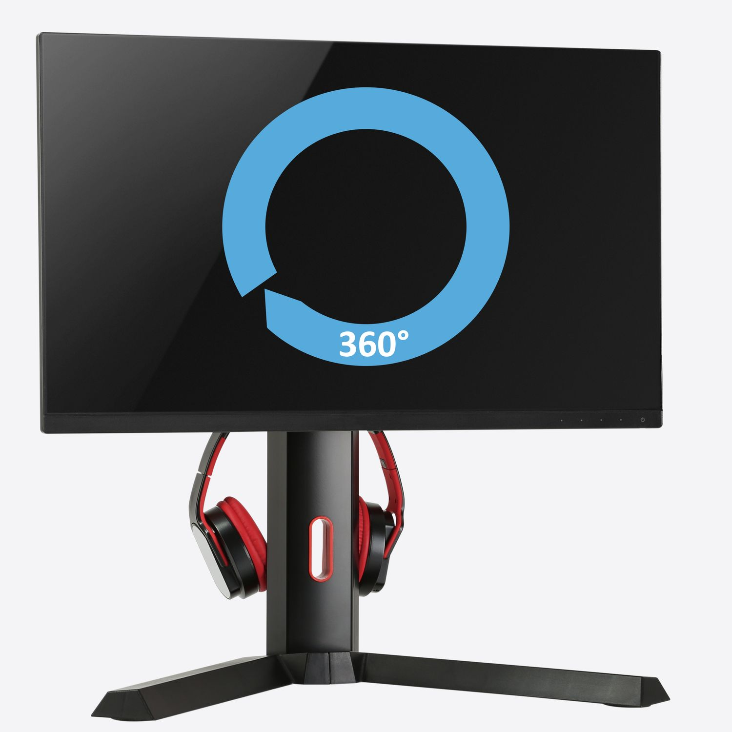 Ein Monitor mit blauem Kreis und Pfeil, der die Drehung anzeigt. Rote Kopfhörer.