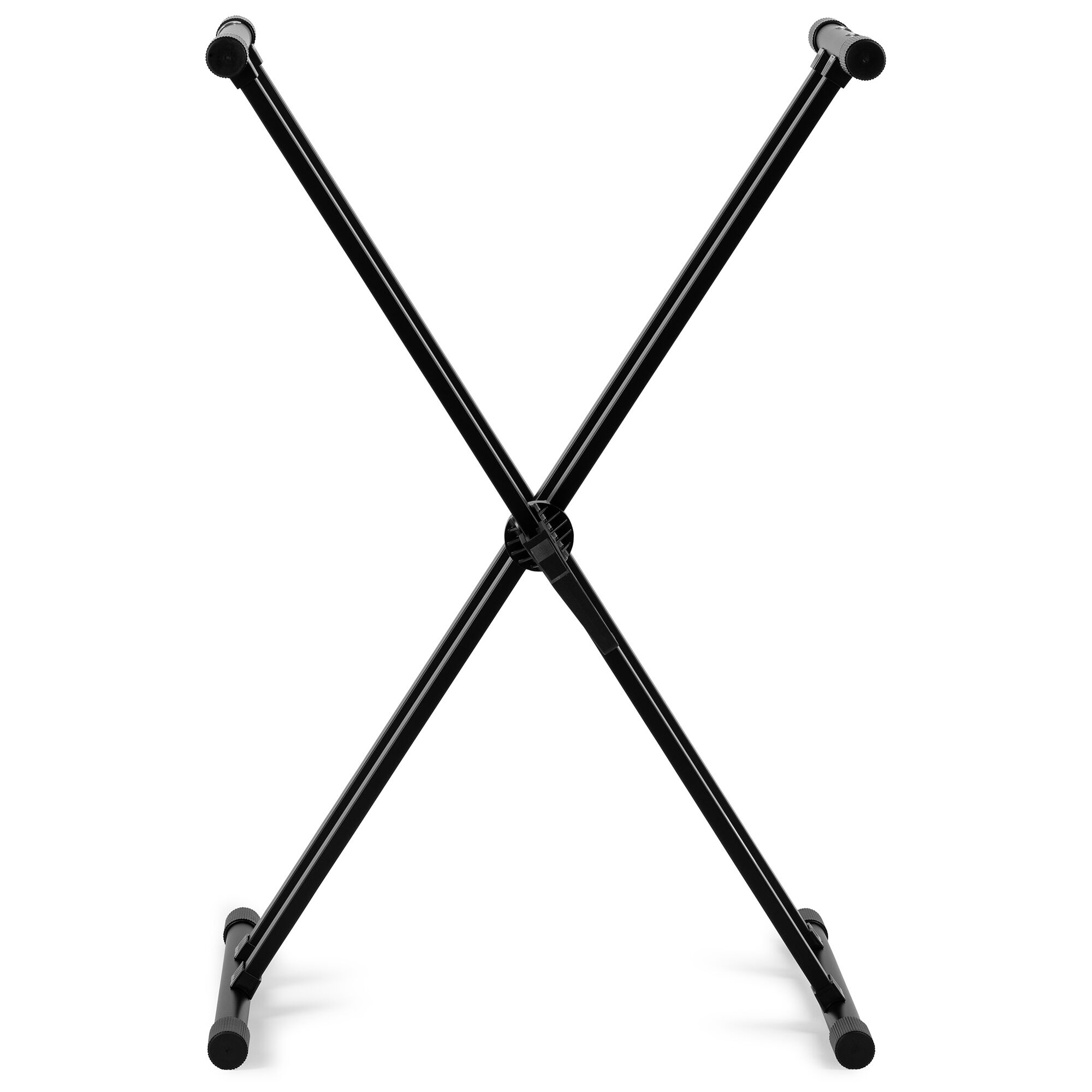 Soporte negro metálico en forma de X sobre superficie blanca.