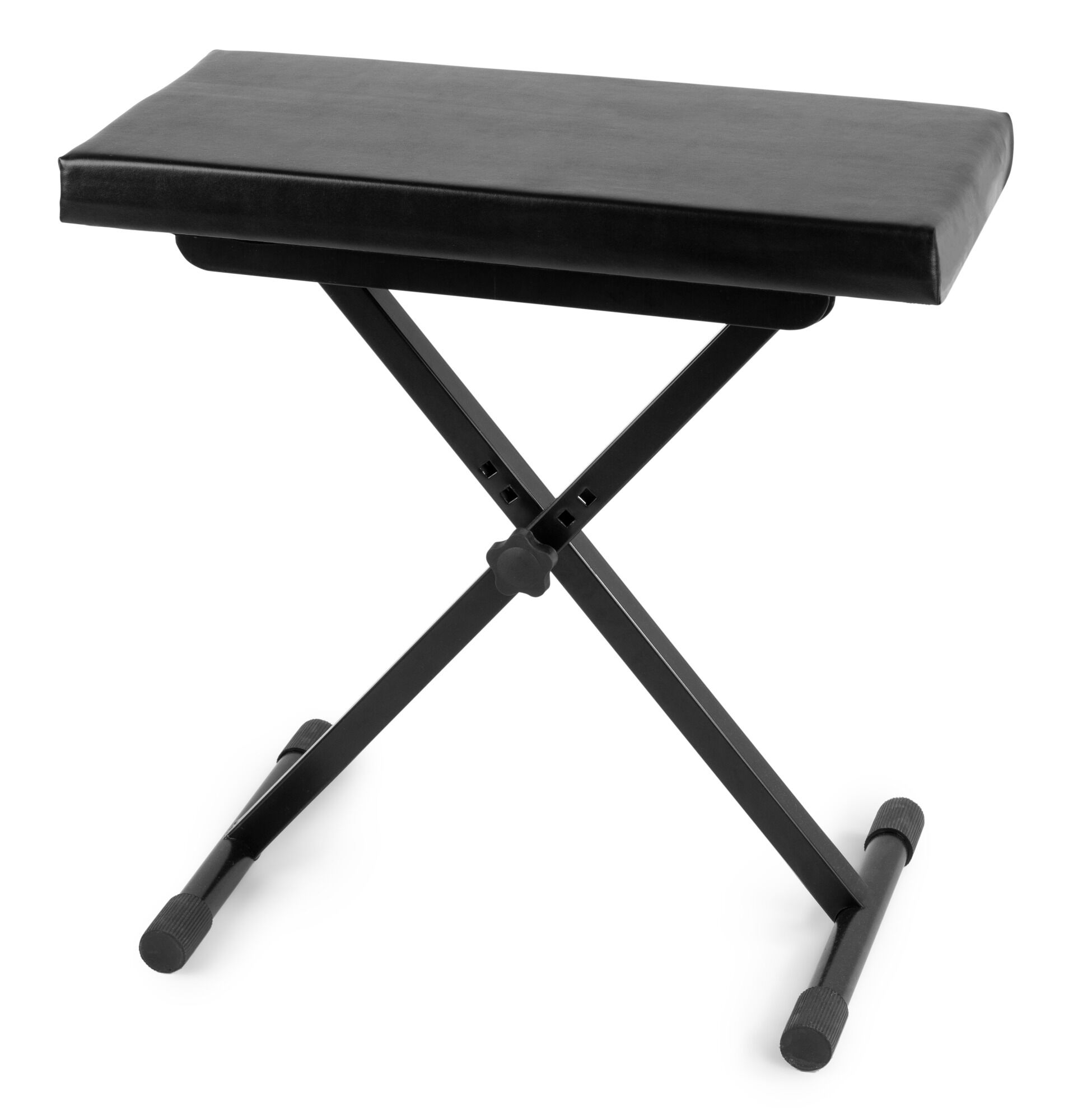 Banco de piano negro con asiento acolchado y marco de metal plegable, aislado sobre fondo blanco.