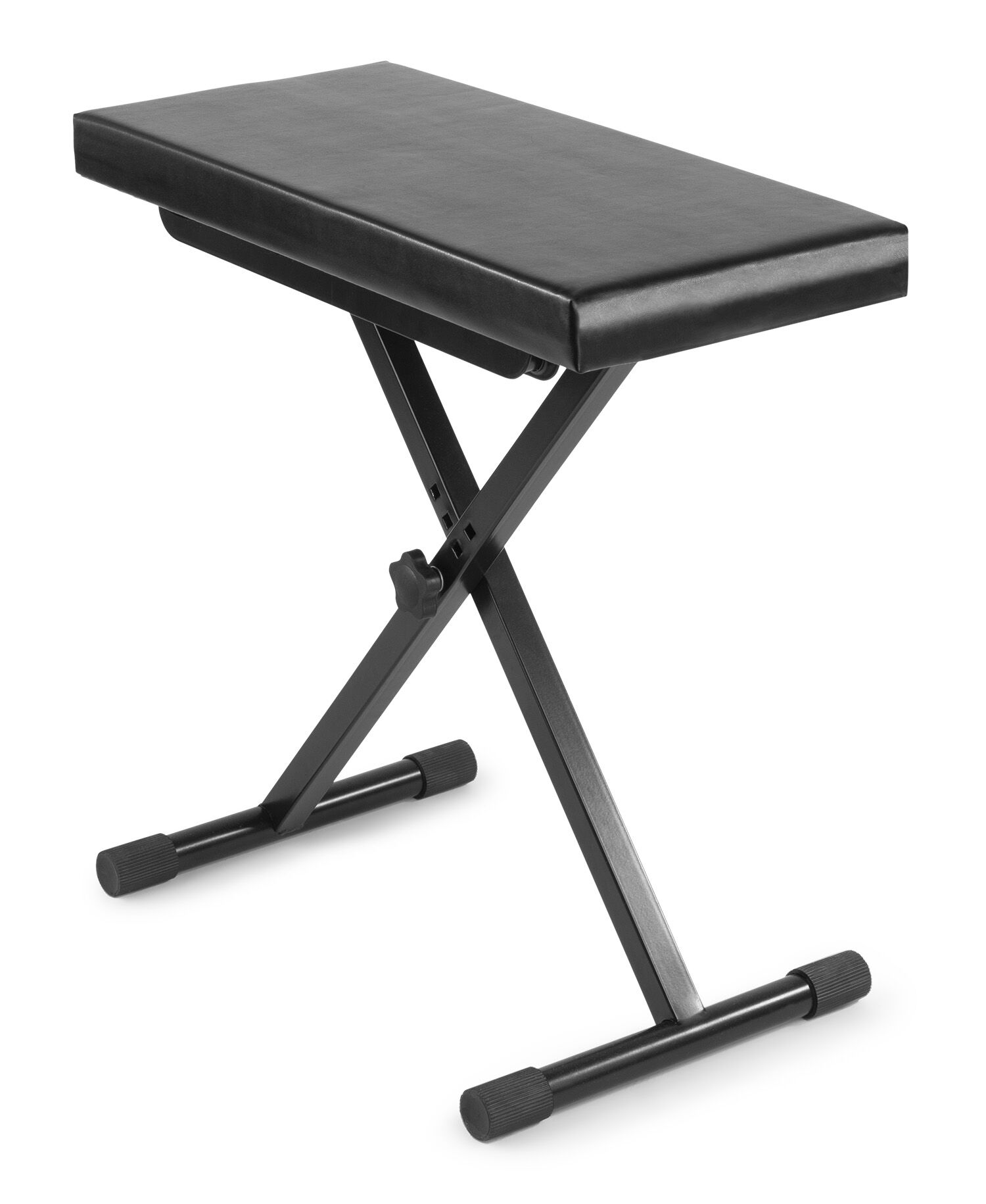 Banco de teclado negro con asiento acolchado y marco en forma de X de altura ajustable, fondo blanco.