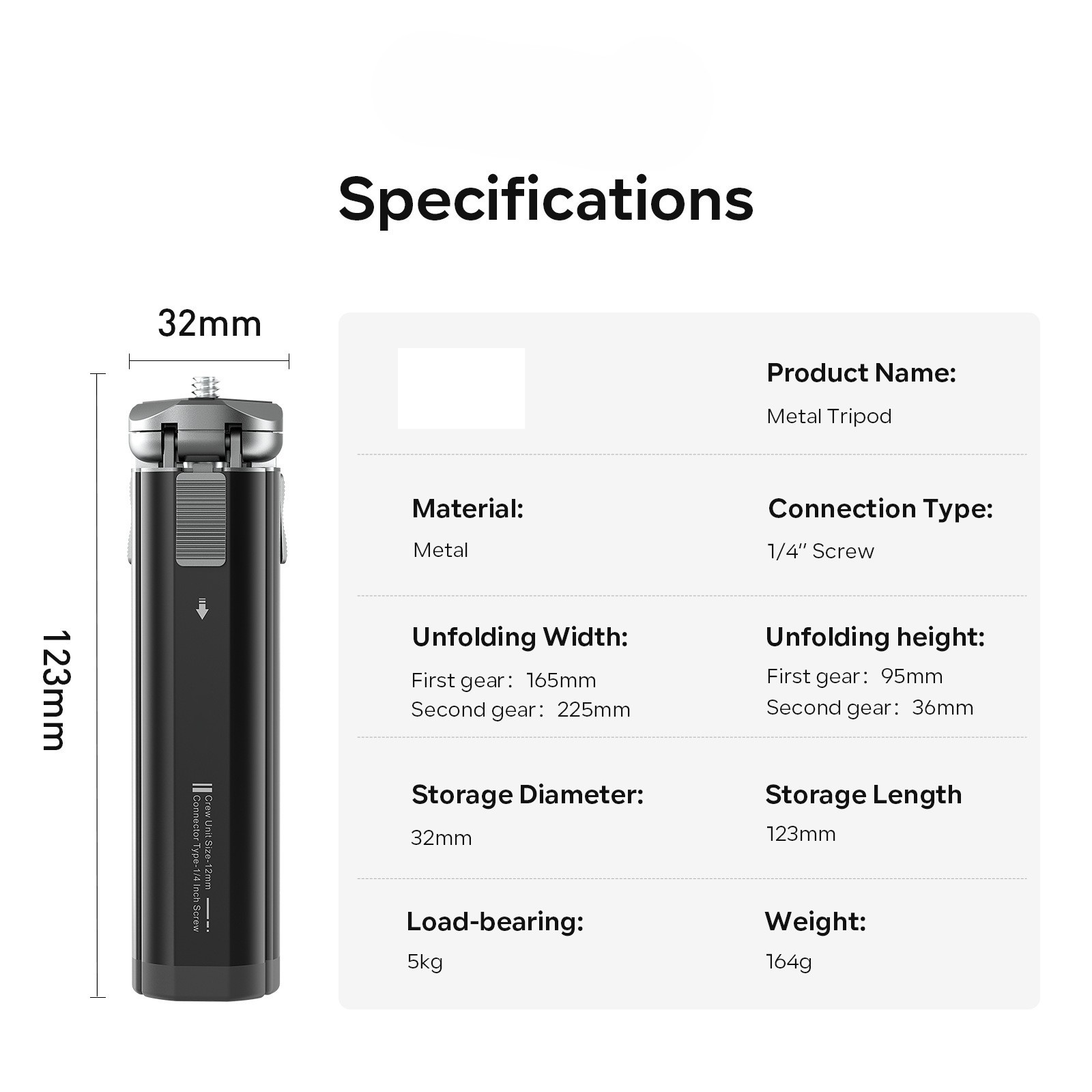Ein schwarzes Metallstativ mit Spezifikationen. Enthält Abmessungen, Material und Tragfähigkeit.