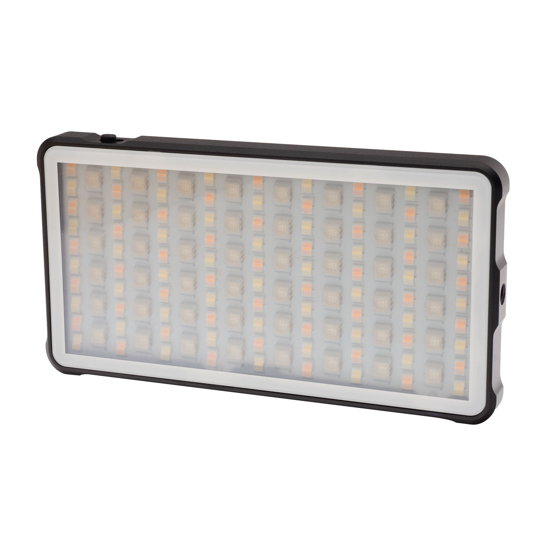 Ein rechteckiges, beleuchtetes LED-Panel mit einer Reihe kleiner, orange-gelber Lichter.