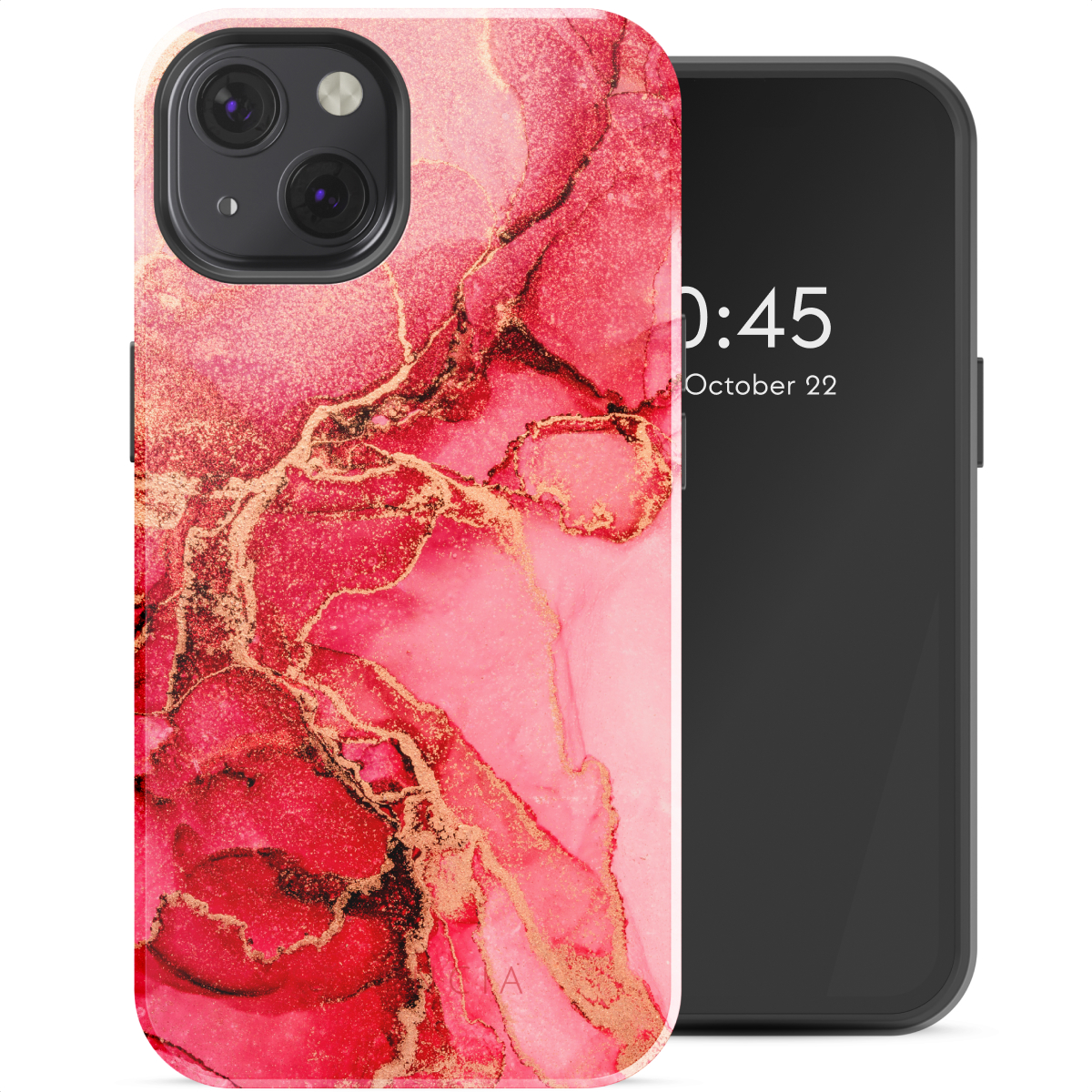 Telefoon en telefoonhoesje. De hoes heeft een rood, roze en goud abstract ontwerp.