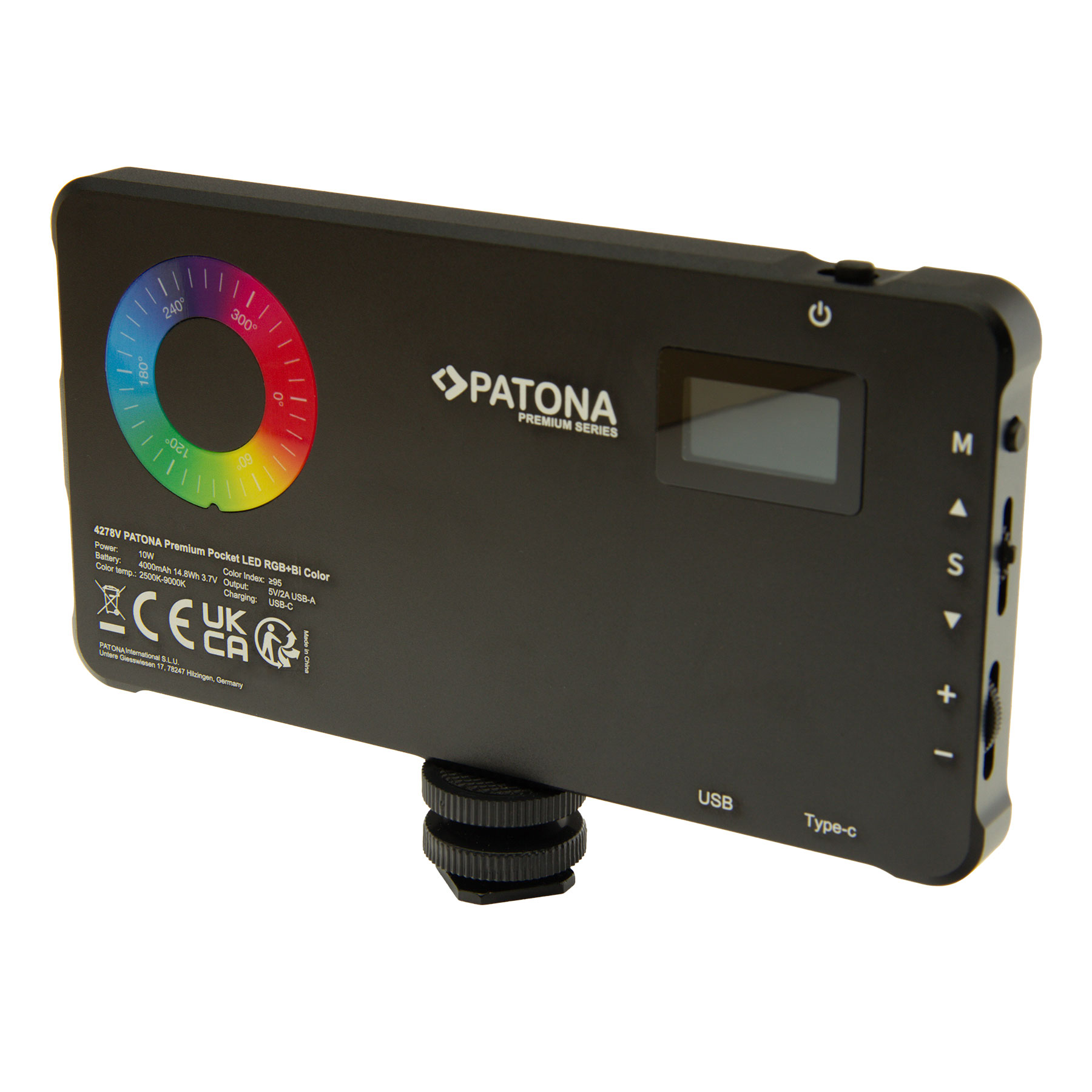 Schwarzes LED-Licht mit Farbrad, Display, Knöpfen und USB-C-Anschluss.