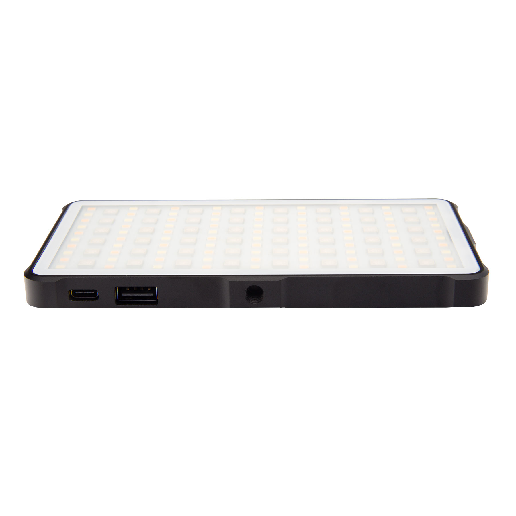 Schwarzes LED-Lichtpanel mit Anschlüssen.