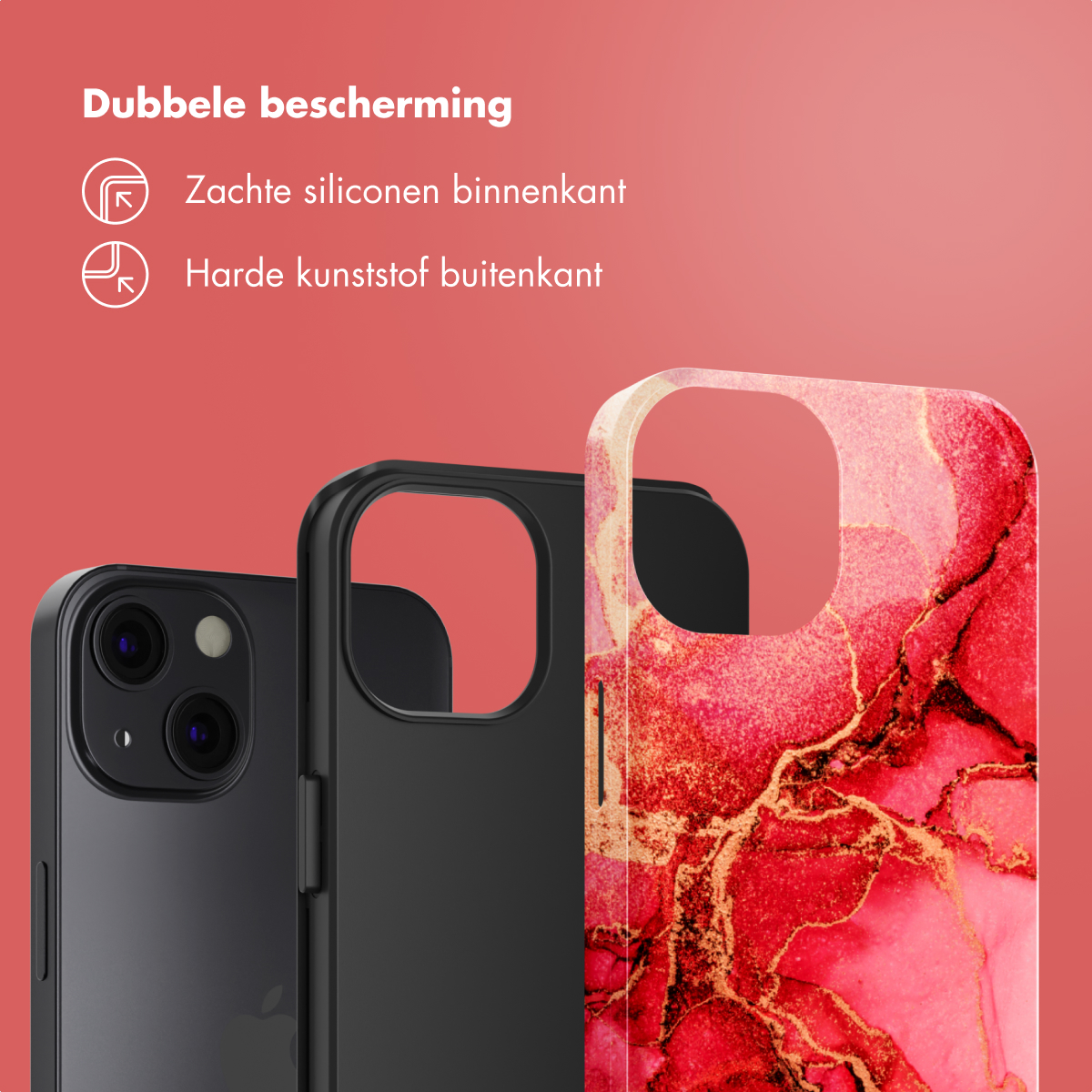 Telefoonhoesjes in zwart met marmerachtige patronen en een diagram dat de binnen- en buitenbescherming toont.
