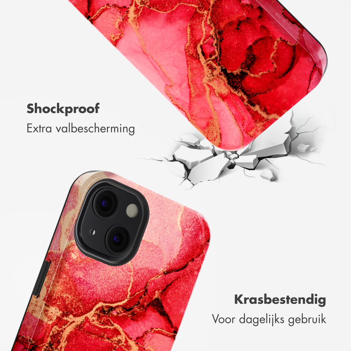 Een telefoonhoesje met een rood en goud ontwerp, met de tekst 'Schokbestendig'.