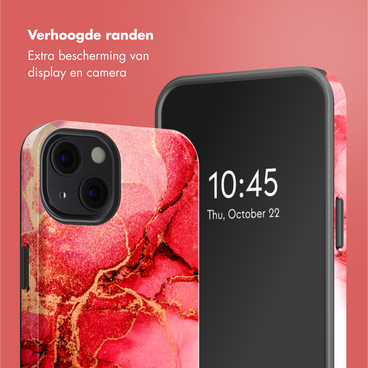 Close-up van een telefoonhoesje met een kleurrijk ontwerp op de achterkant, met de tijd.