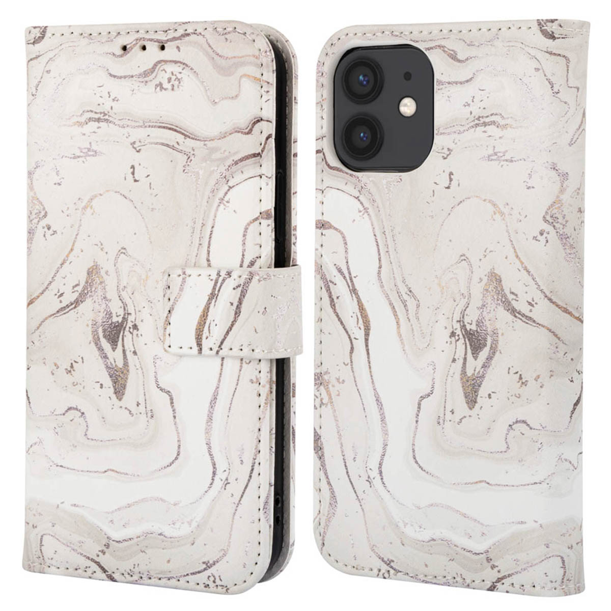 Een witte telefoonhoes met een marmerpatroon. Het heeft een flap en een magnetische sluiting.