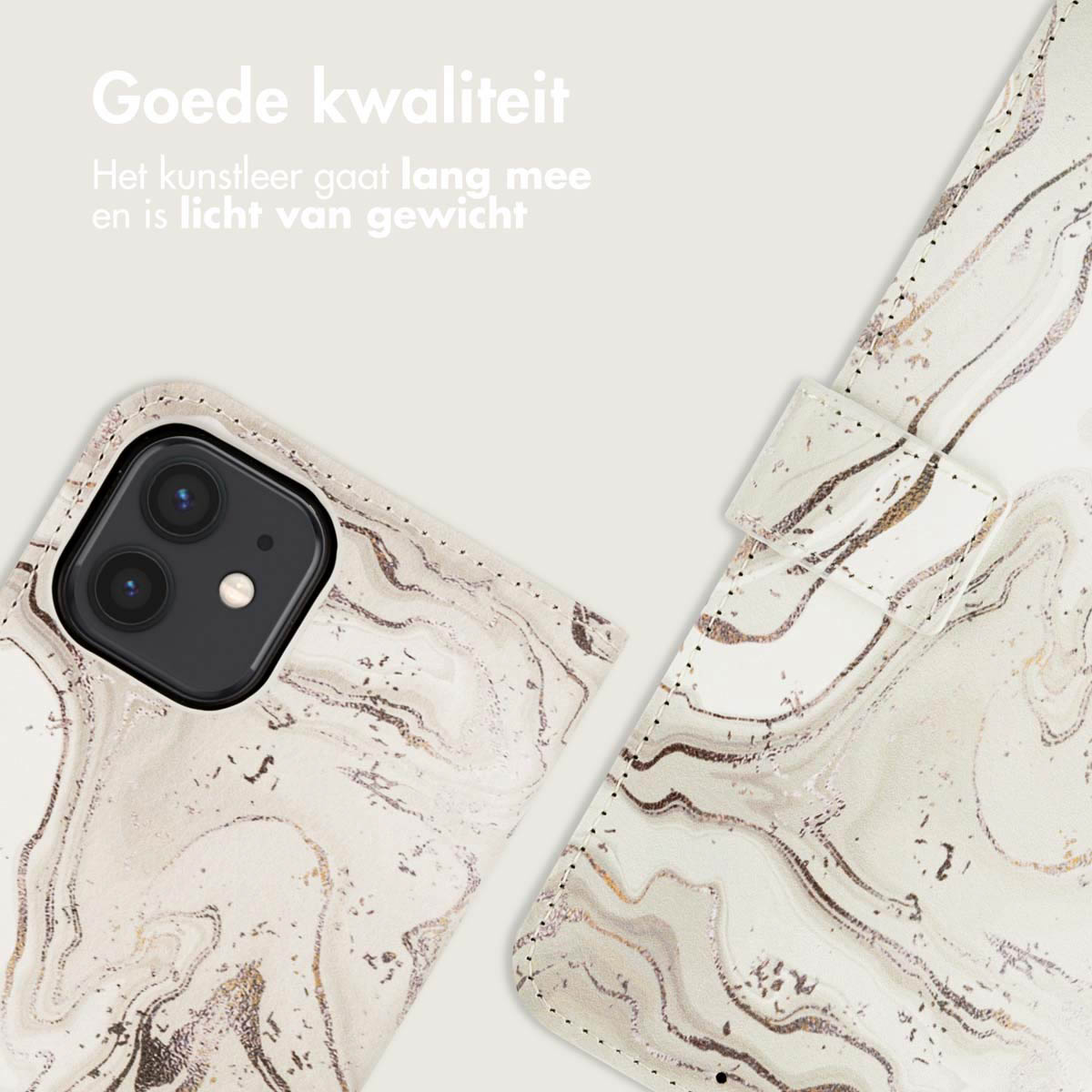 Close-up van een telefoonhoesje met marmerachtig ontwerp, met telefoon en open hoesje.