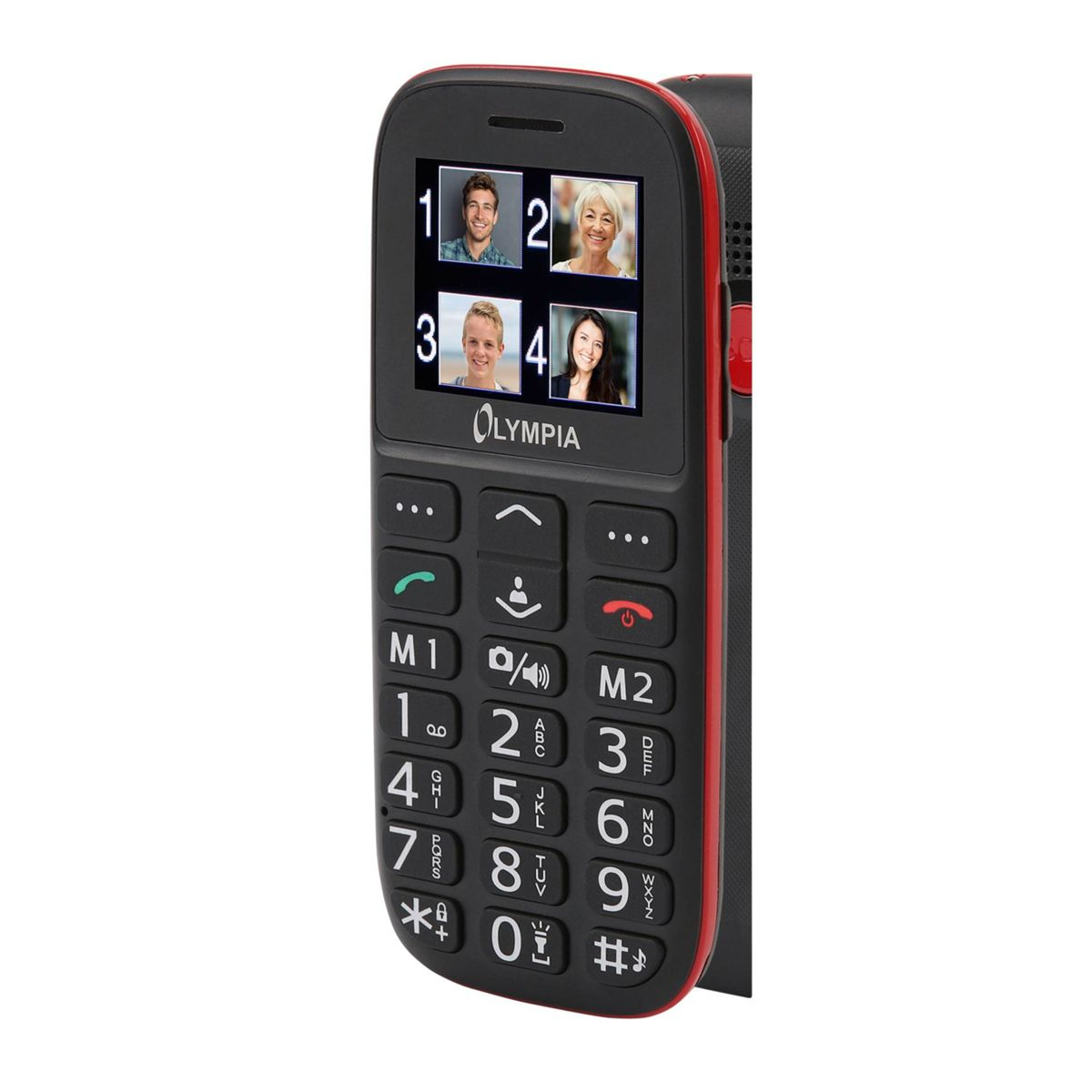 Czarny i czerwony telefon komórkowy z dużymi przyciskami i ekranem wyświetlającym cztery twarze.