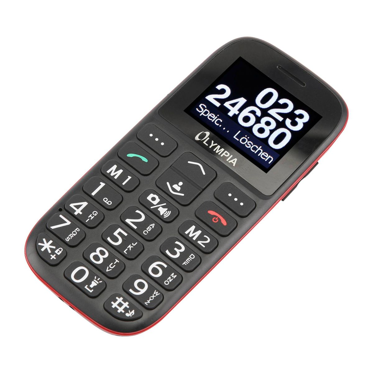 Czarno-czerwony telefon komórkowy z dużymi przyciskami. Wyświetlacz pokazuje liczby i tekst.