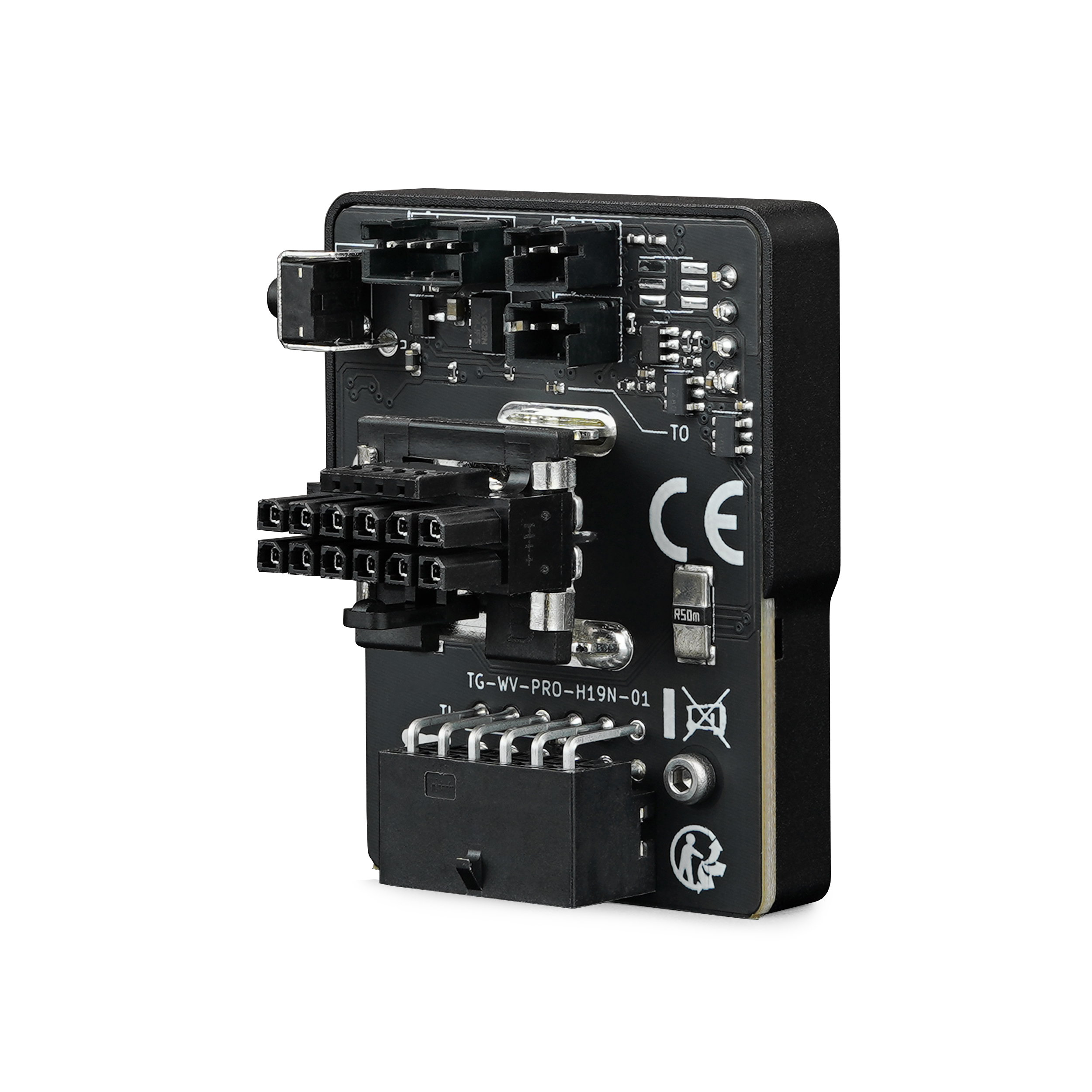 Eine schwarze elektronische Komponente mit mehreren Anschlüssen und einem CE-Zeichen.