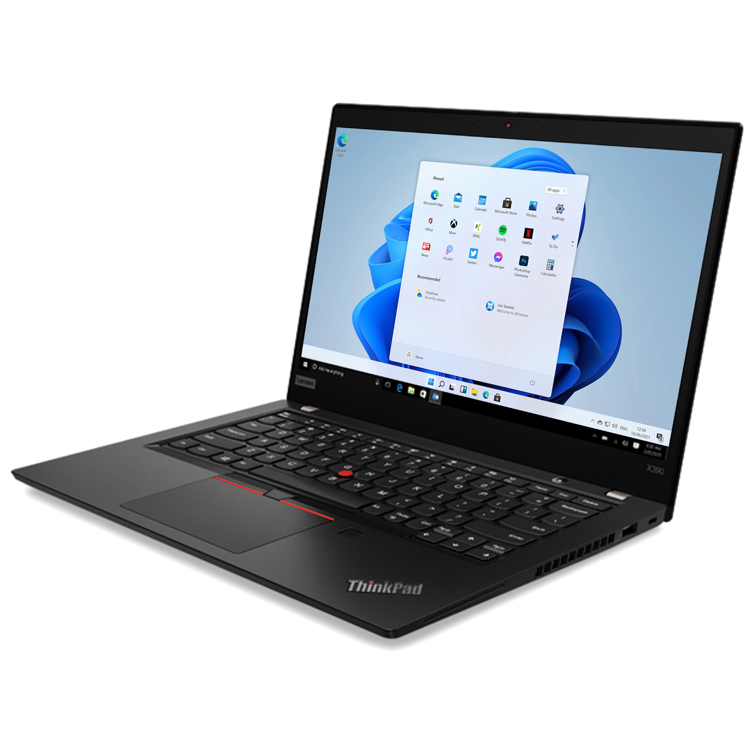 Ein schwarzer Laptop mit geöffnetem Bildschirm, der ein Windows 11-Menü anzeigt. Der Laptop steht auf.
