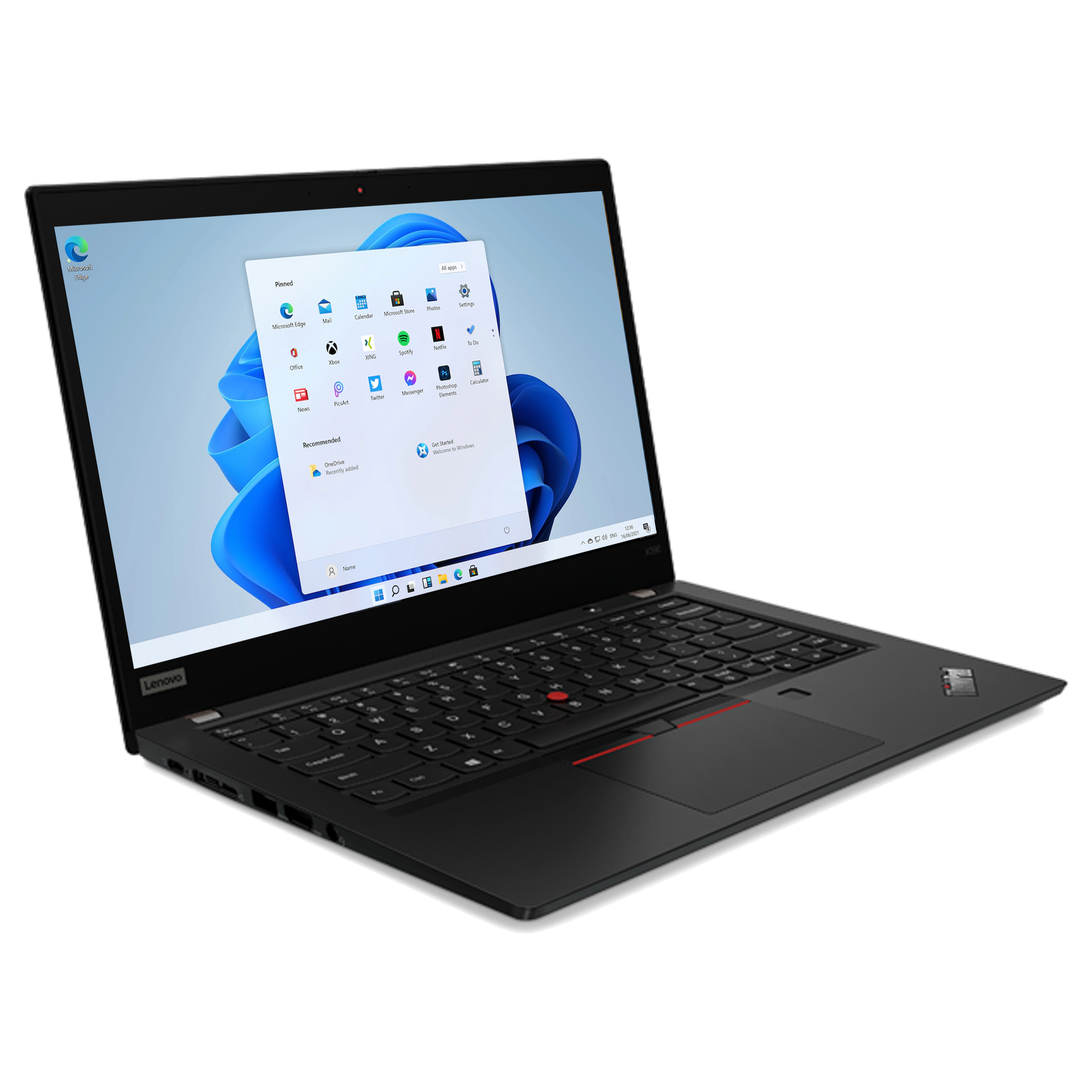 Schwarzer Laptop mit Windows 11-Oberfläche auf dem Bildschirm. Lenovo-Logo. Schwarzer Hintergrund.