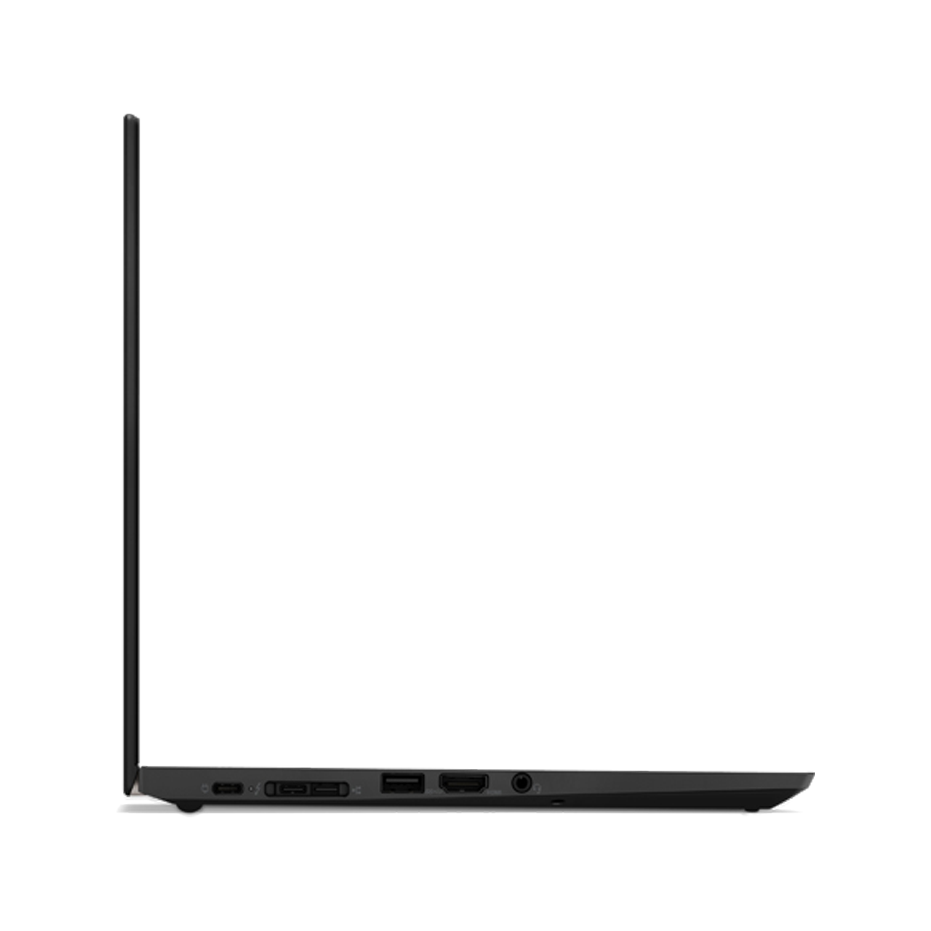 Schwarzer Laptop-Seitenansicht, geschlossen, mit sichtbaren Anschlüssen. Schwarzer Hintergrund.