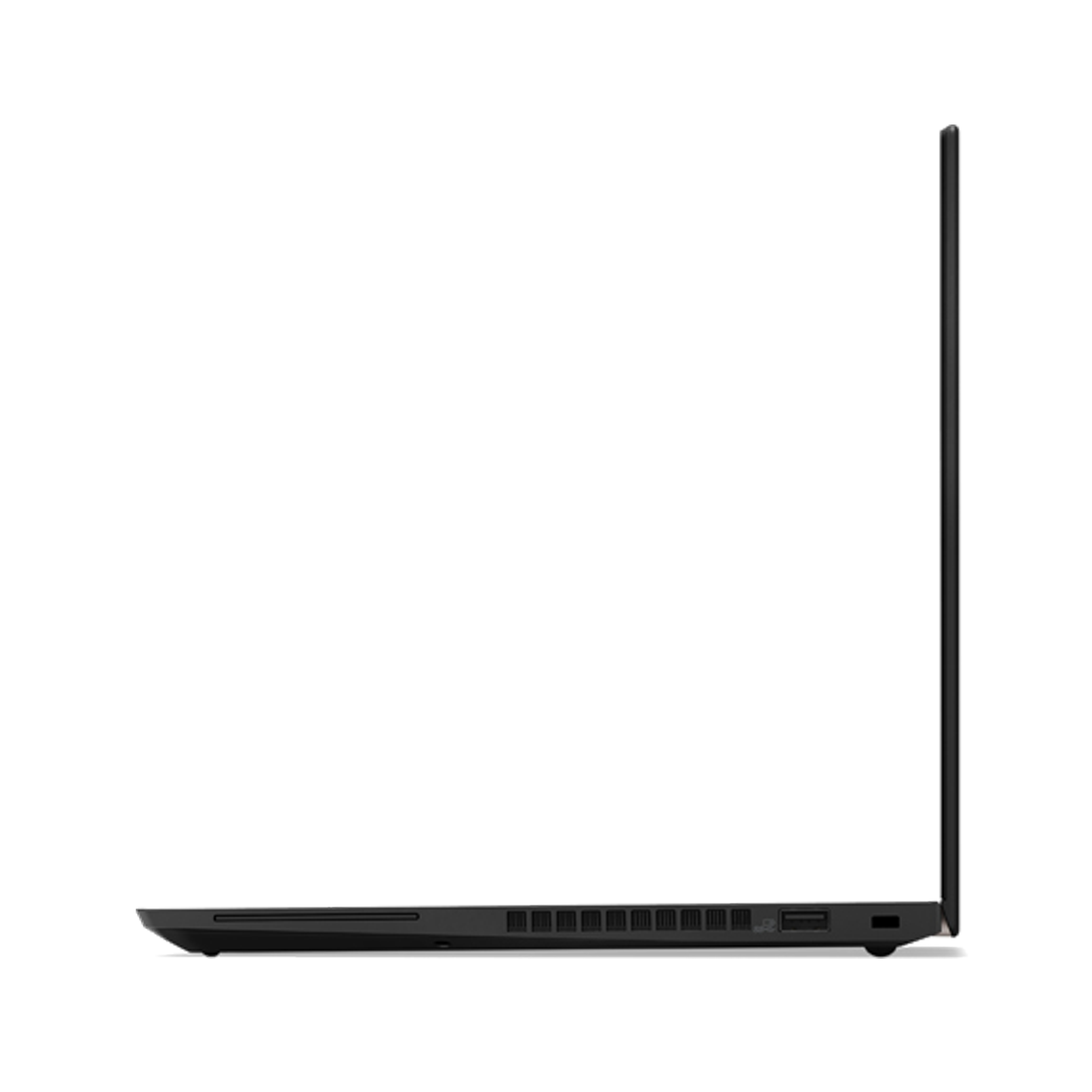 Seitenansicht eines schwarzen Laptops auf schwarzem Hintergrund; Bildschirm geschlossen, schlankes Profil.