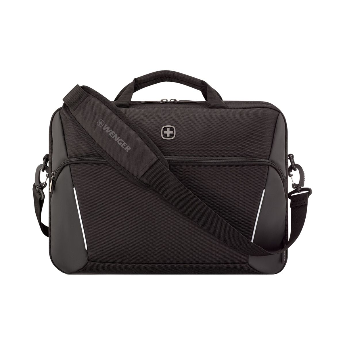 Schwarze Wenger Laptoptasche mit Schultergurt, Griff und weißen Akzenten.