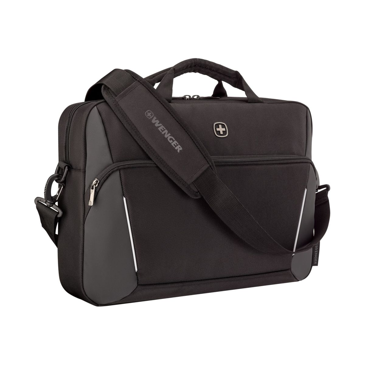 Schwarze Wenger-Laptoptasche mit Griff, Schultergurt und Logo.