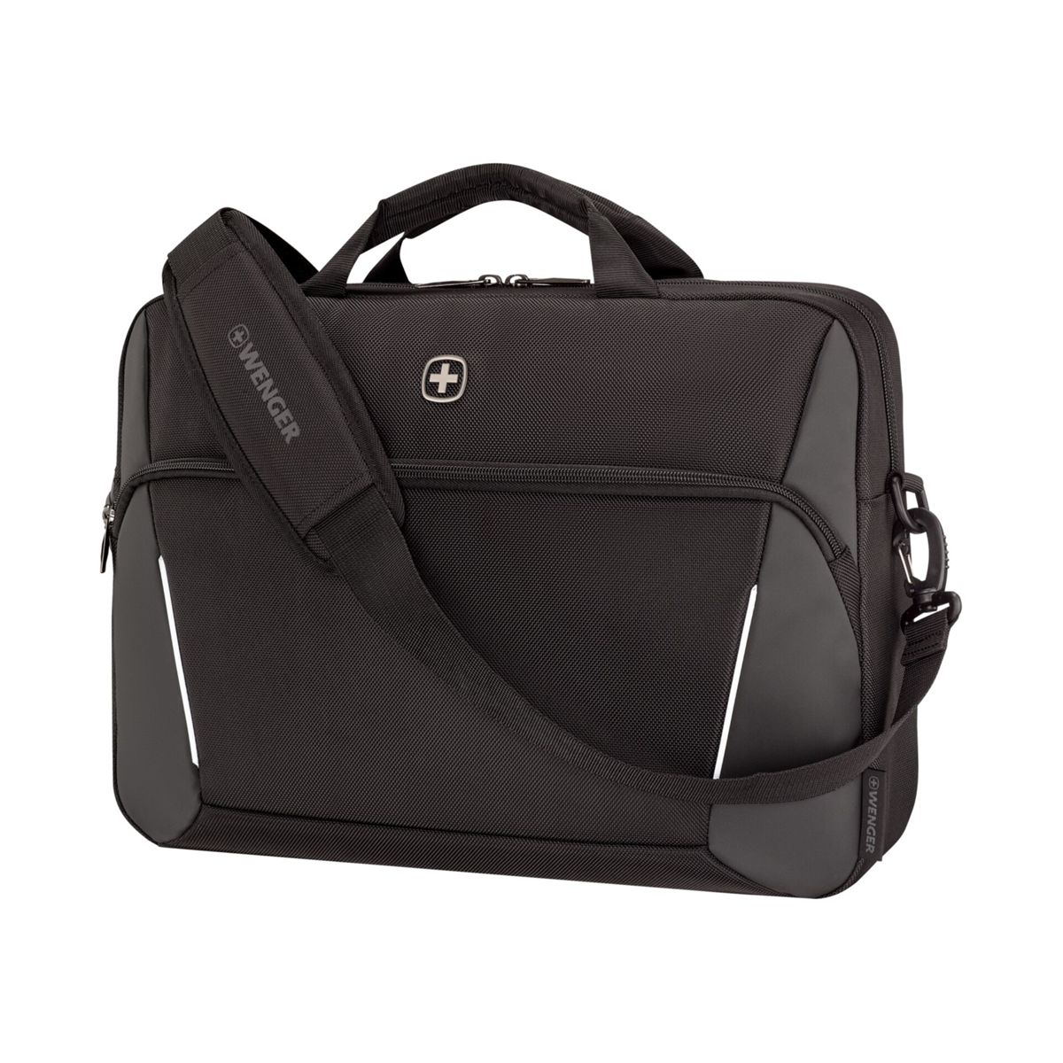 Schwarze Laptoptasche mit Schultergurt, Tragegriff und dem Wenger-Logo.