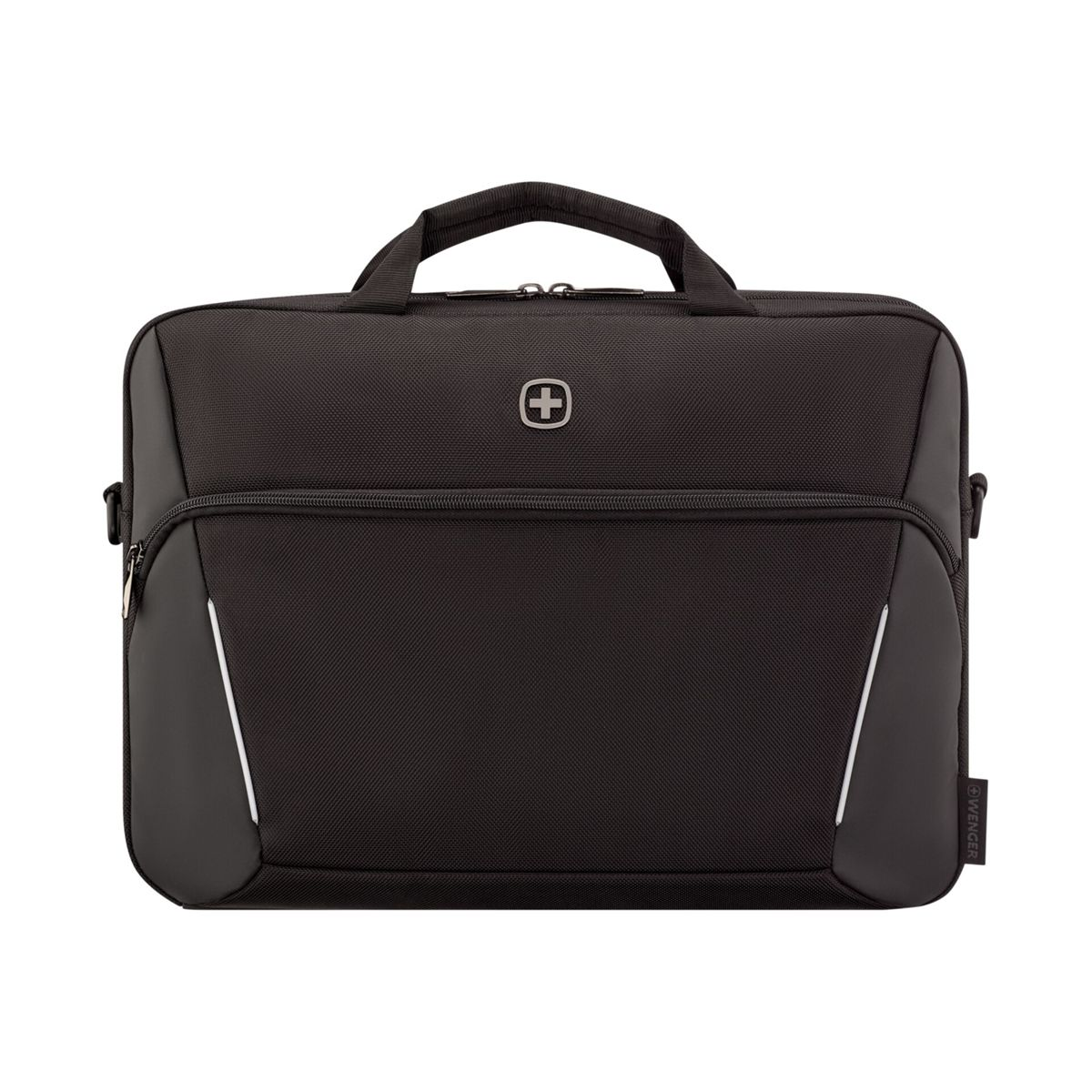 Schwarze Laptoptasche mit Griff und Reißverschluss, weißes Logo vorne.