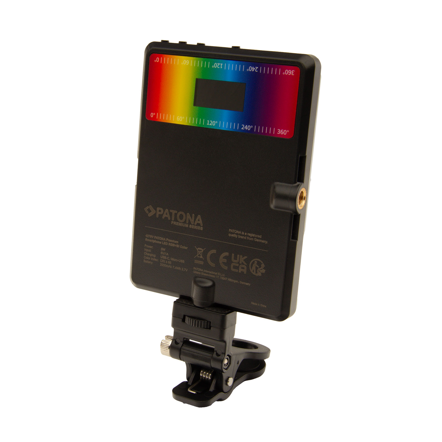 Schwarzes LED-Licht mit Farbskala und Clip.