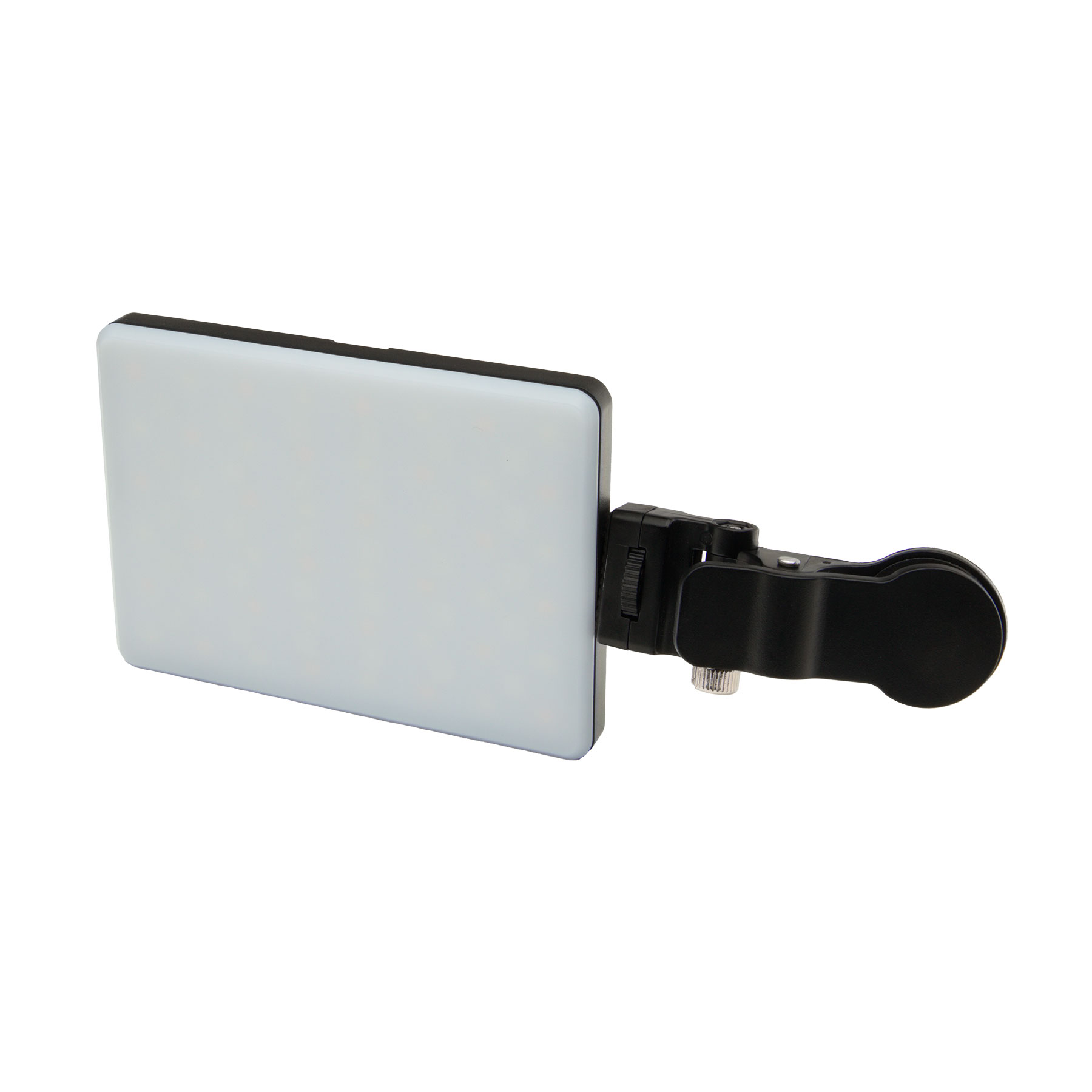 Kleines weißes LED-Lichtpanel mit schwarzem Clip an der Seite.