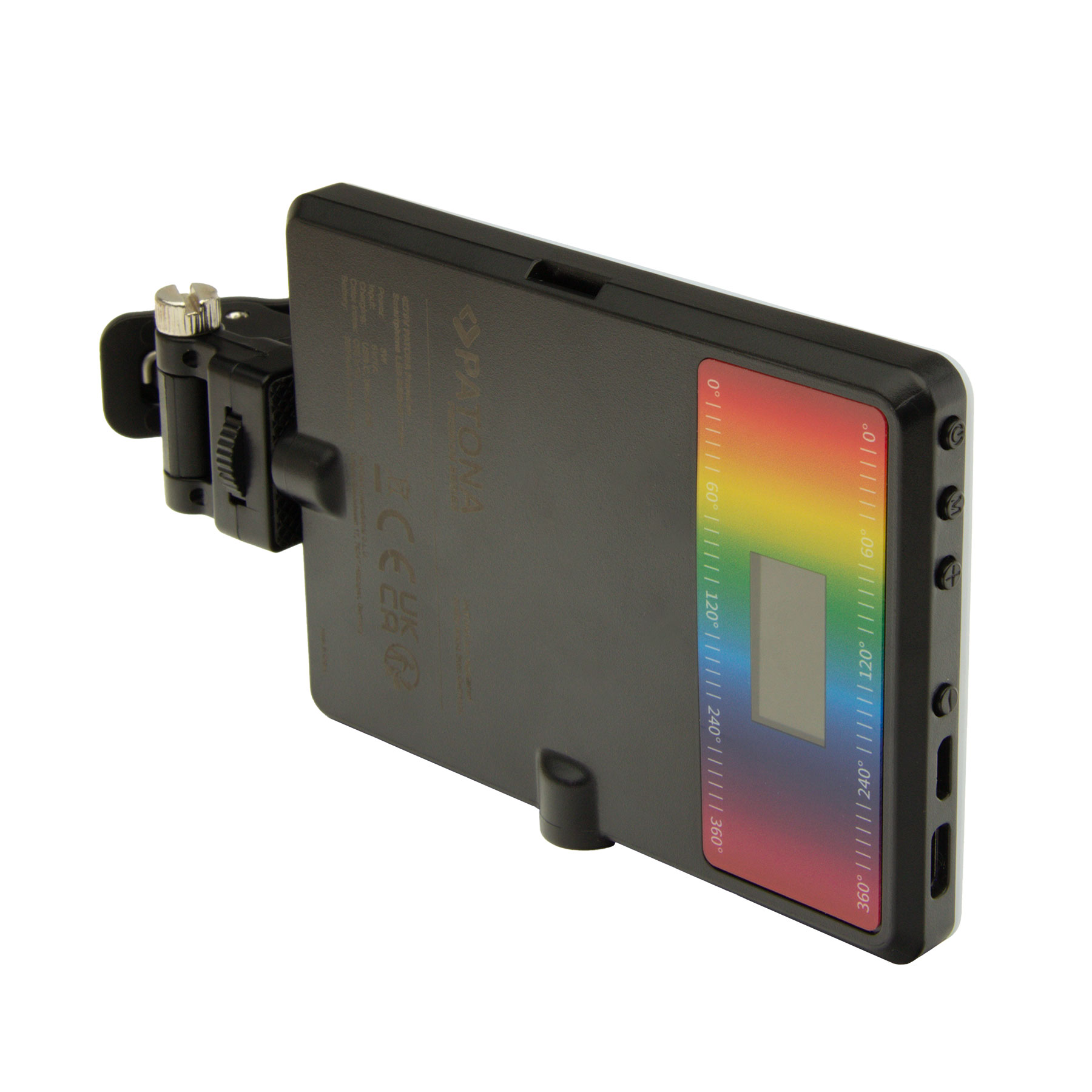 Ein schwarzes Videolicht mit einem Regenbogenfarbenen Lichtbalken und einer Halterung. Weißer Hintergrund.