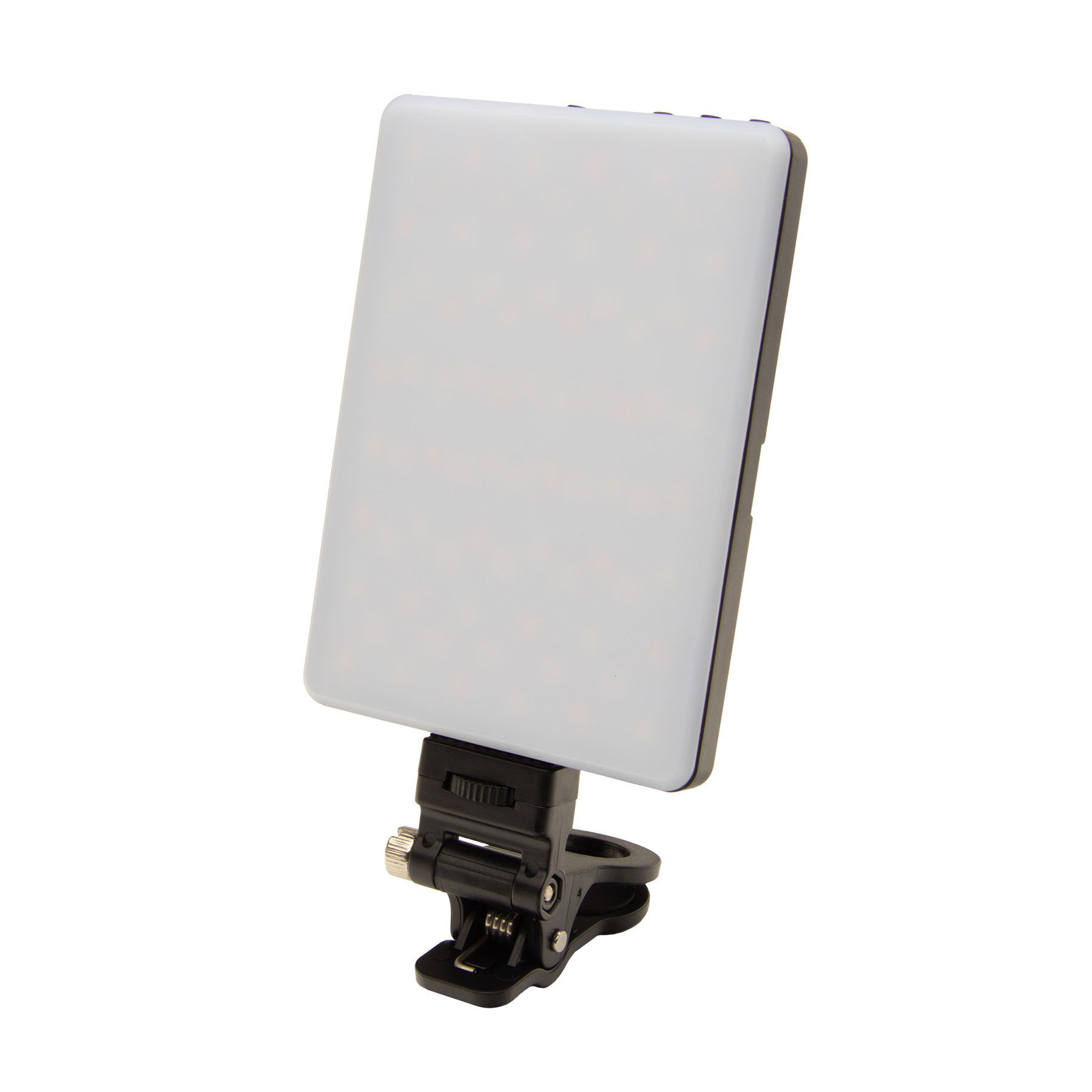 Kleine LED-Leuchte mit Clip und verstellbarem Winkel. Weiße und schwarze Farben.