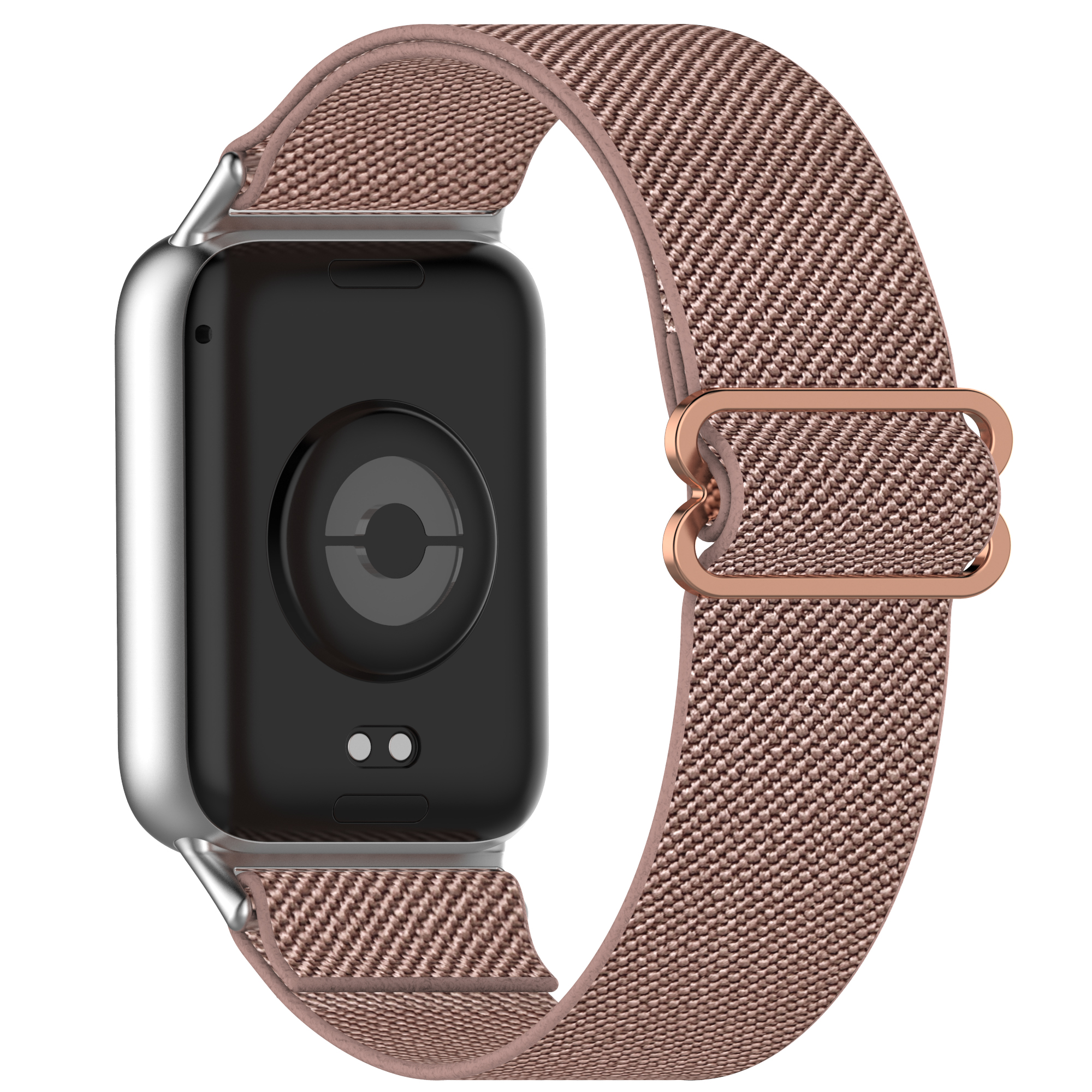 Nahaufnahme einer Smartwatch. Braunes Armband, silbernes Zifferblatt und schwarze Rückseite.
