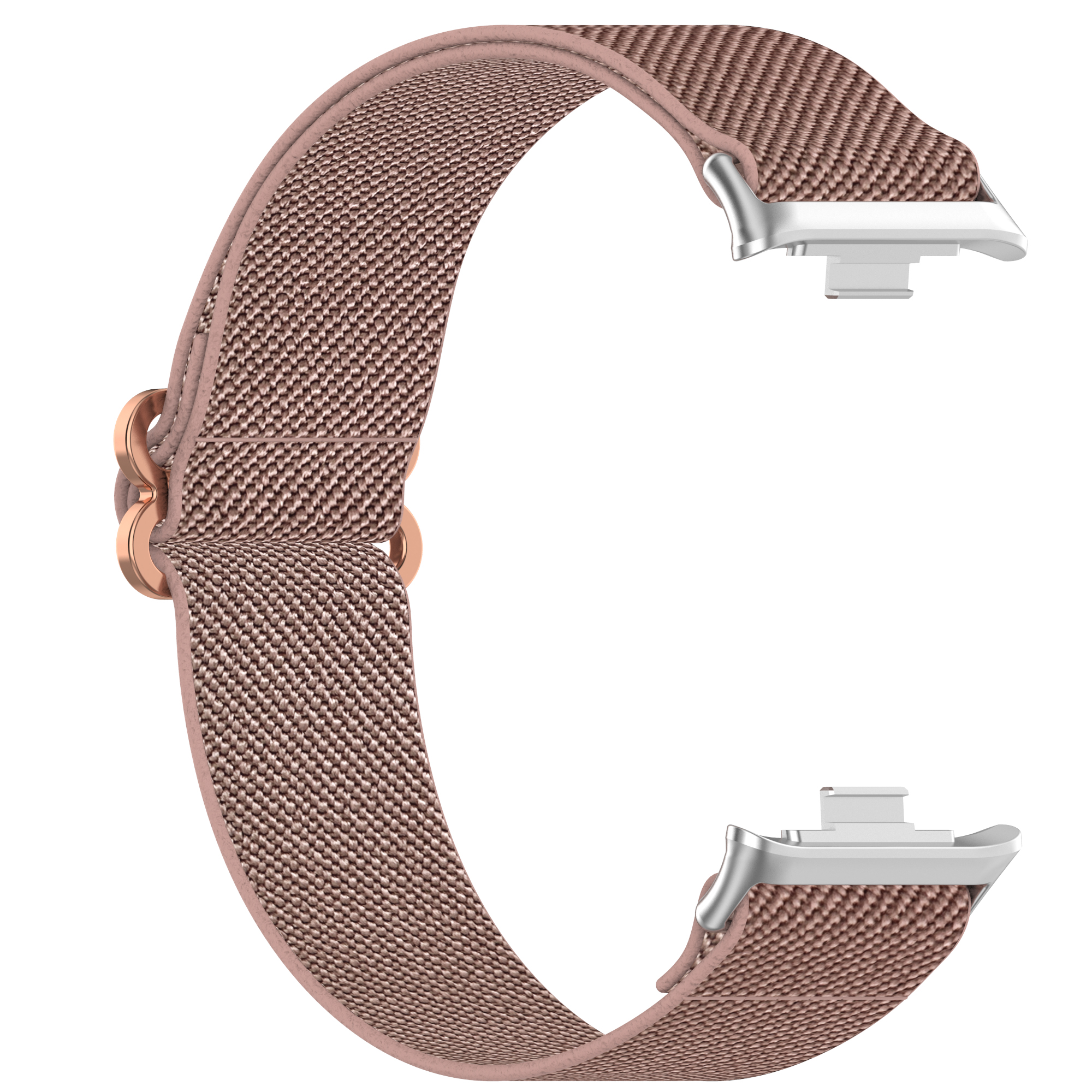 Nahaufnahme eines Uhrenarmbands, brauner Stoff mit Metallverschlüssen.