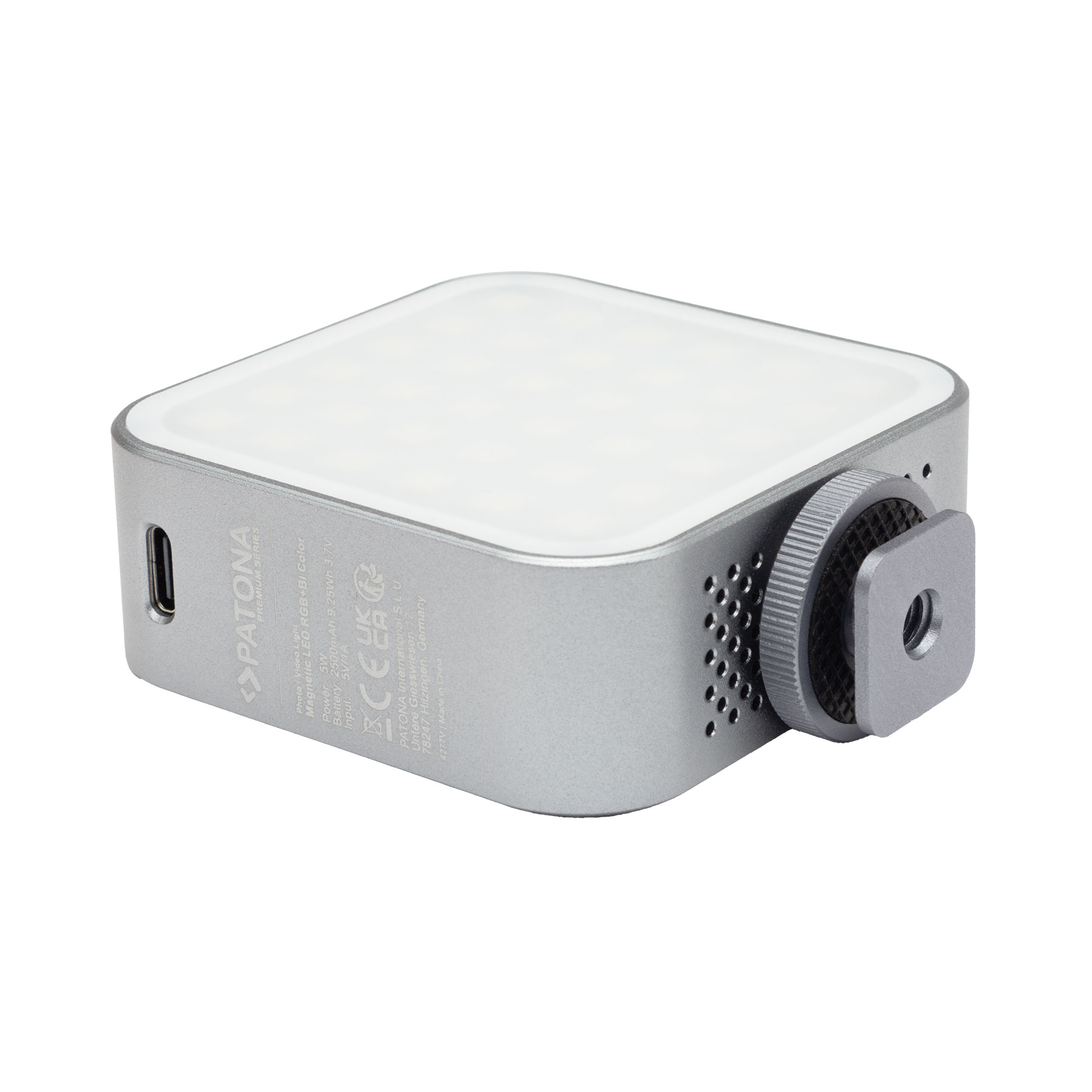 Ein silbernes LED-Licht mit USB-C-Anschluss und Befestigungsschraube.